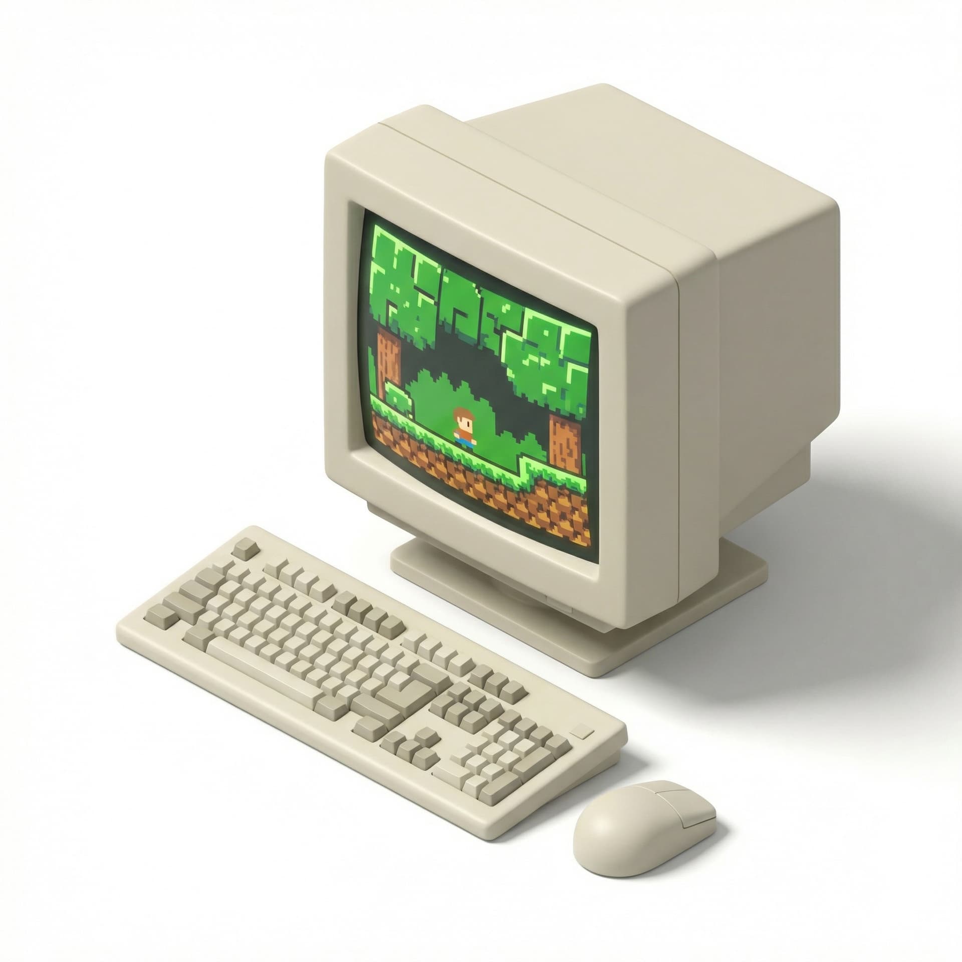 Isometric icon of a retro pc, pixel art, 90s aesthetic, beige color, pixelated screen, nostalgic tech. 8 bit pixel style