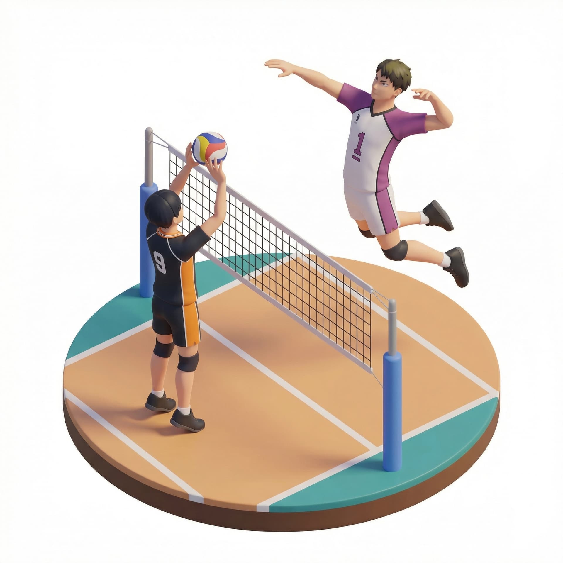 Ushijima wakatoshi sedang memakai baju shiratorizawa bernomor 1,dia sedang melakukan spike yang keras,dia juga berada di lapangan voli bersama kageyama yang memakai baju karasuno nomor 9 yang sedang mengumpan kepada ushijima