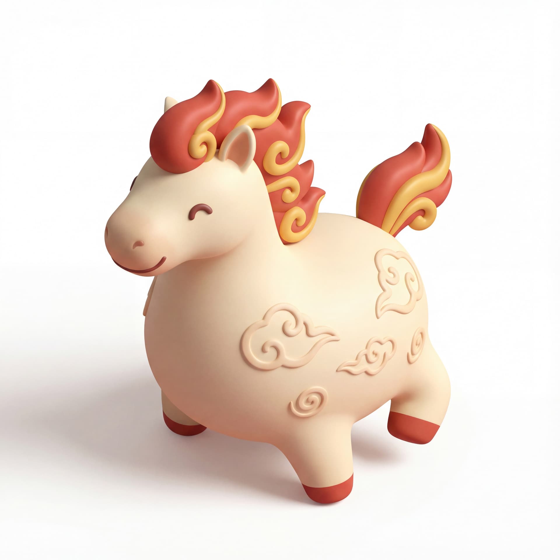 cute oriental-style horse character with rounded proportions, standing in a playful pose, flowing mane and tail shaped like soft flame curls, simplified decorative patterns inspired by Chinese art, friendly smiling expression, isolated on a white background.