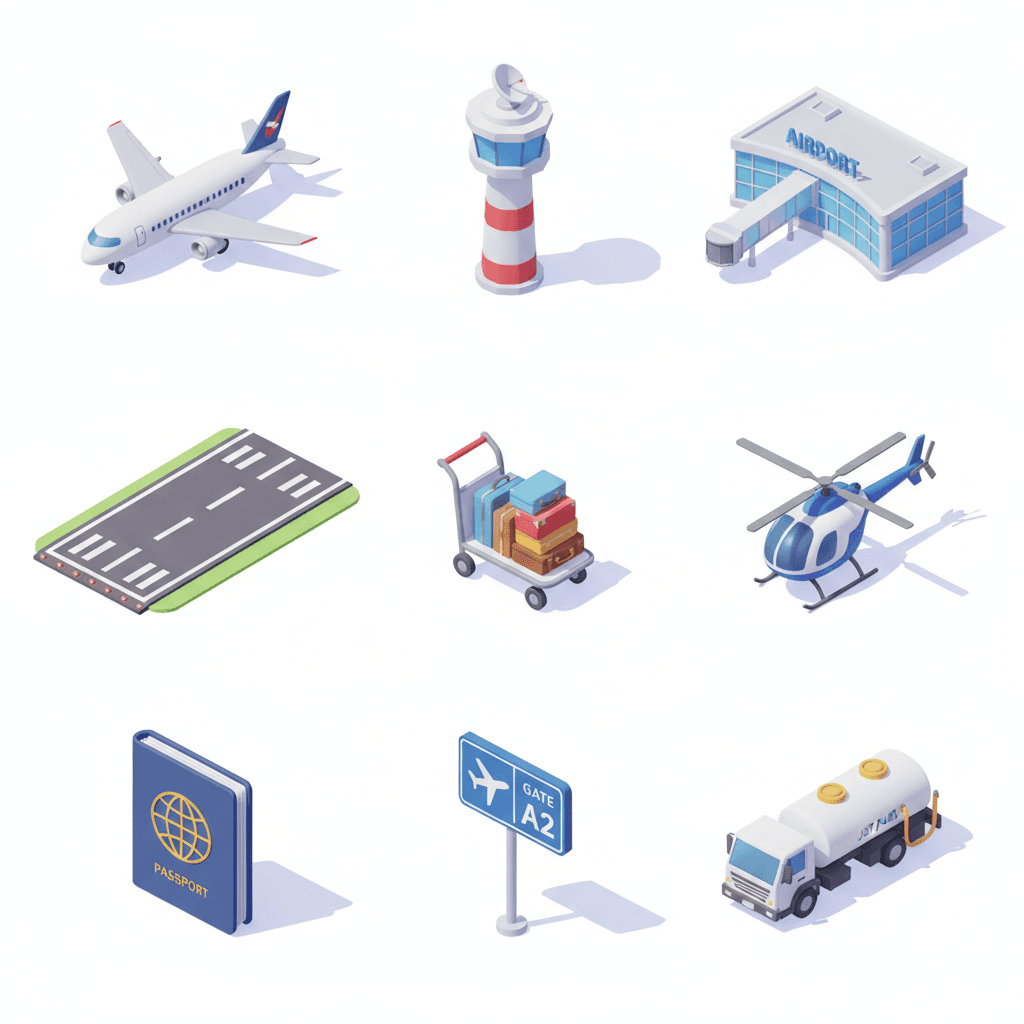 buatkan set icon 3x3 tentang airport