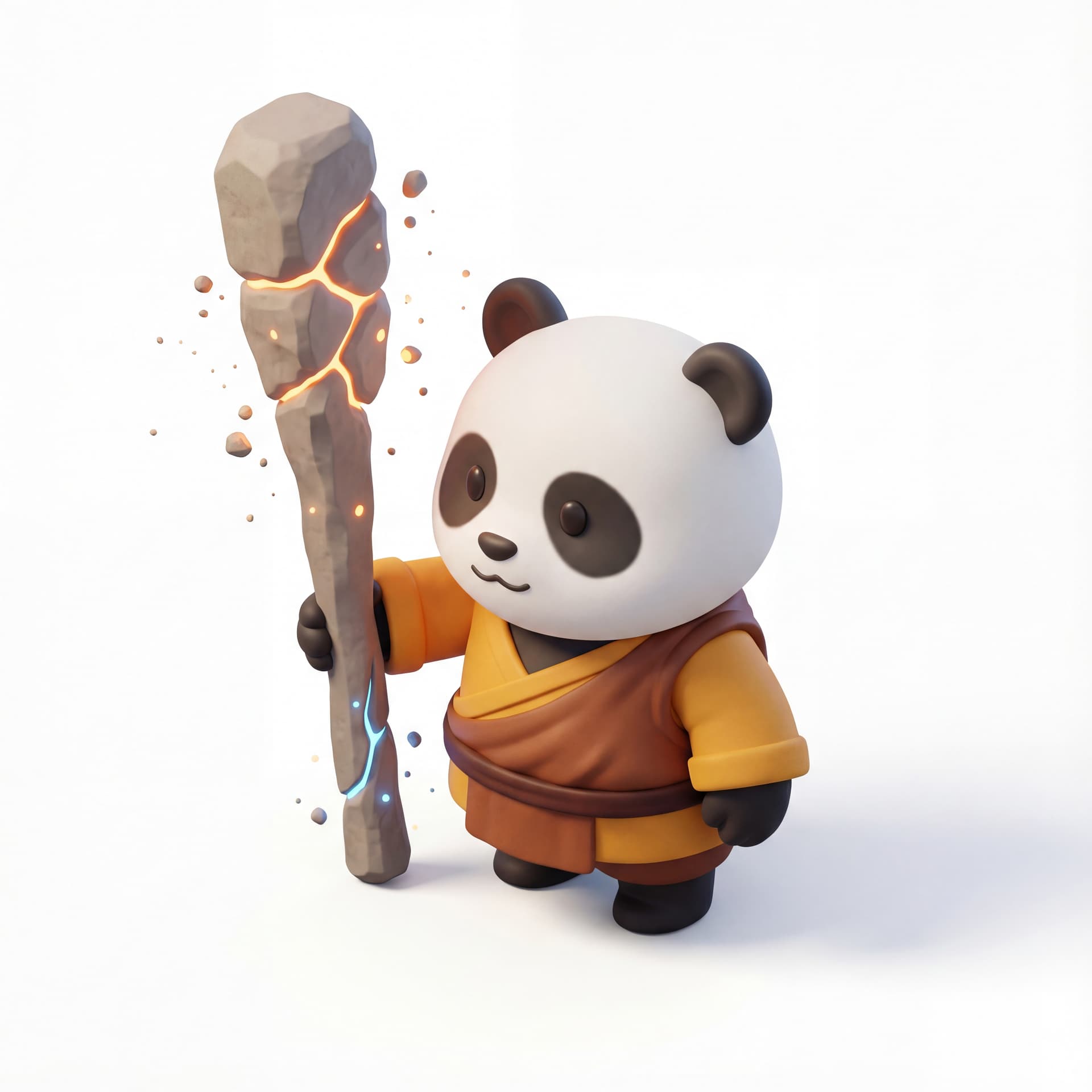 A 3D chibi panda monk holding a massive stone staff taller than its body, glowing cracks along the staff, tiny pebbles levitating around, calm cute expression, isolated character.
