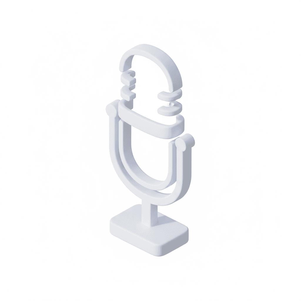 Minimalist line art microphone icon with rounded edges, soft geometric proportions, smooth continuous lines, elegant simplicity, ample white space, professional vector clarity.