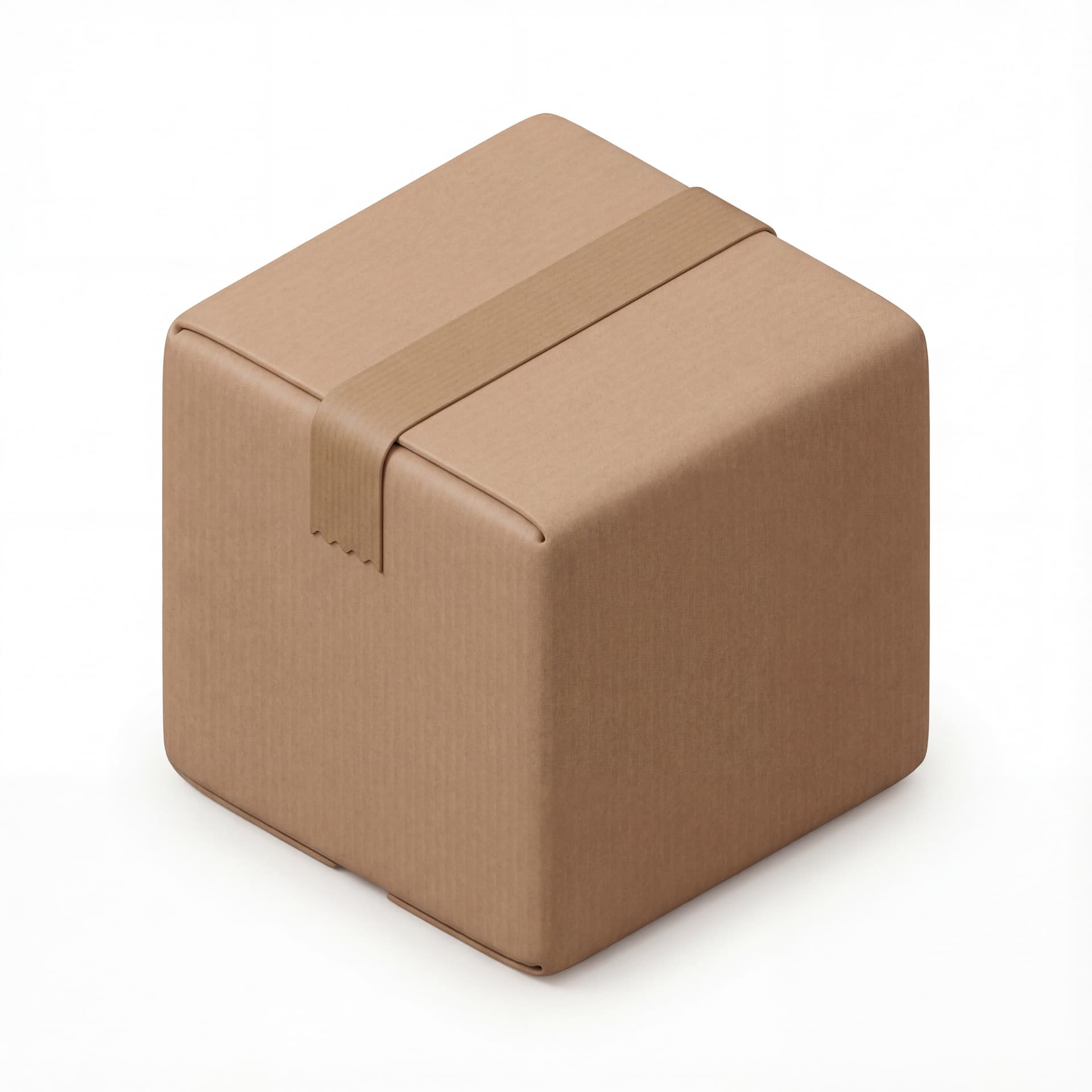 Product box (shipping box) dengan style 3D clay ultra matte bentuk kubus membulat dengan garis flap sederhana dan pita tape minimal shading halus dan bayangan tipis