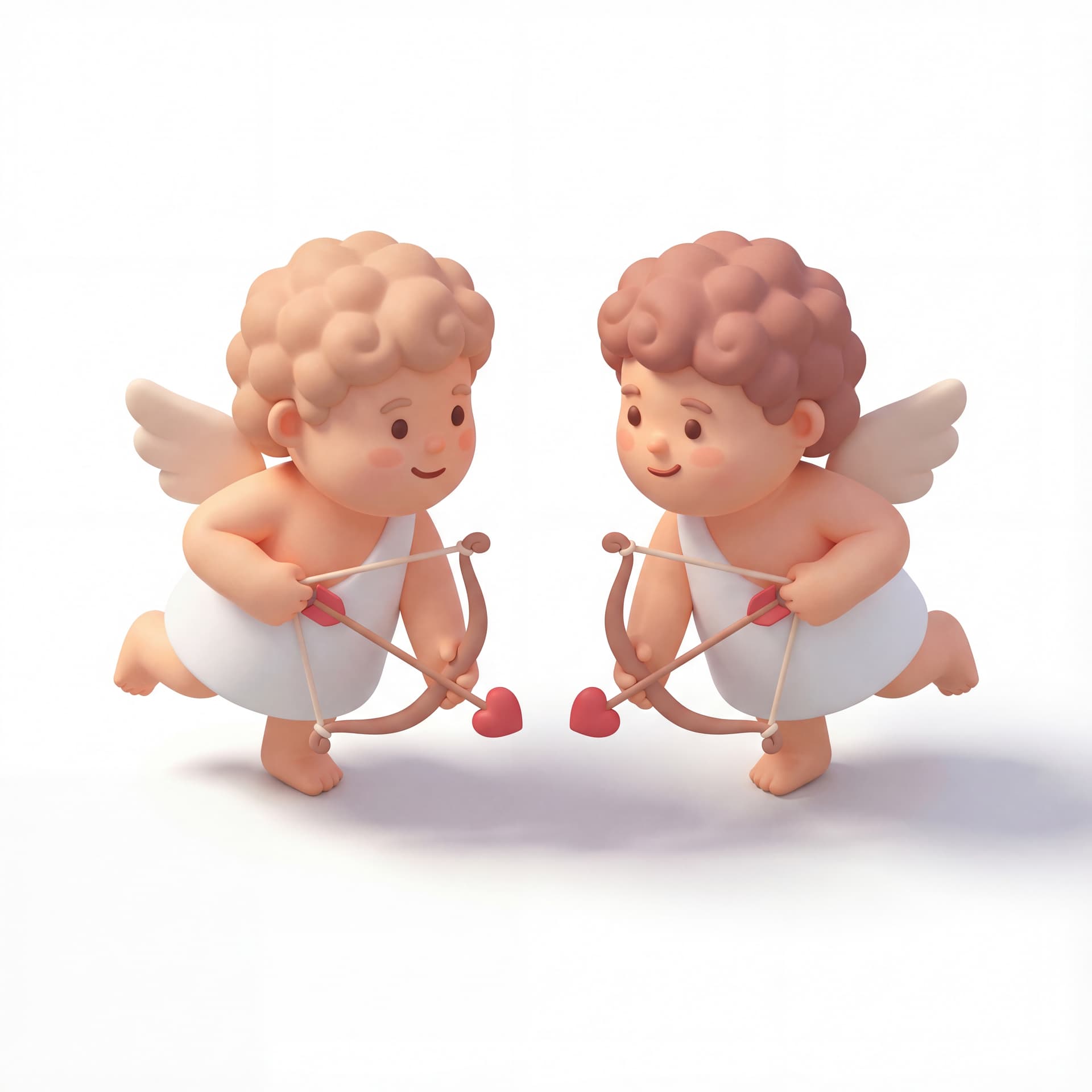 A full-body portrait of a cute couple of Cupid characters aiming bows toward each other playfully, heart-tipped arrows lowered, mirrored poses, cheerful expressions, isolated on a white background.