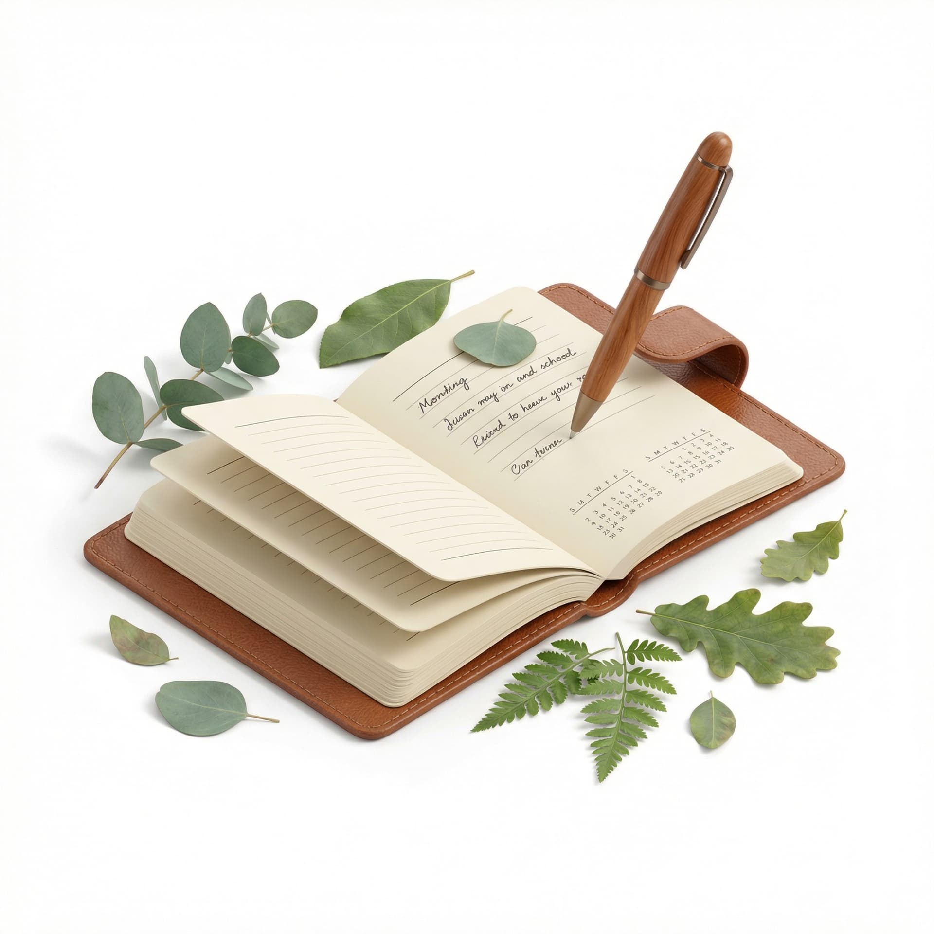 an agenda book with pen writing on it with leaves around it to give nature and mindfulness mood