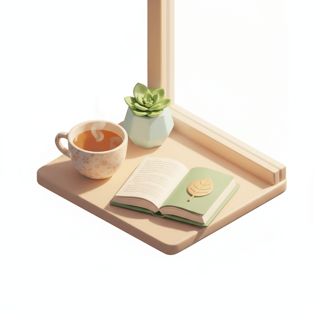 A cup of herbal tea beside an open book and a small plant on a wooden table near a sunlit window. Soft natural light, warm pastel tones, cozy mindfulness atmosphere.