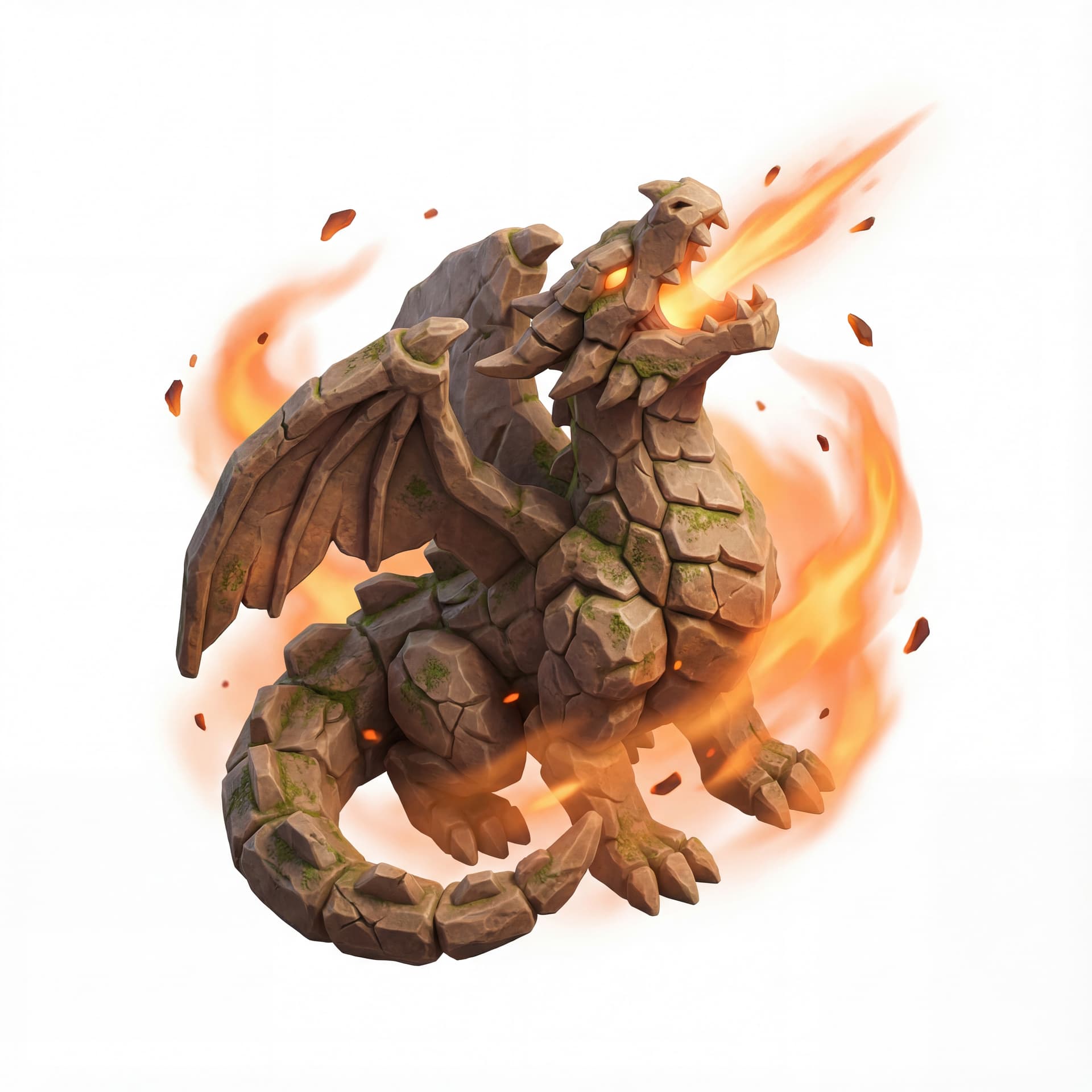 An isometric dragon with brown cliff-stone scales and rough chiseled texture roaring upward while blasting a beam, enclosed by orange flame haze and scattered ember fragments.