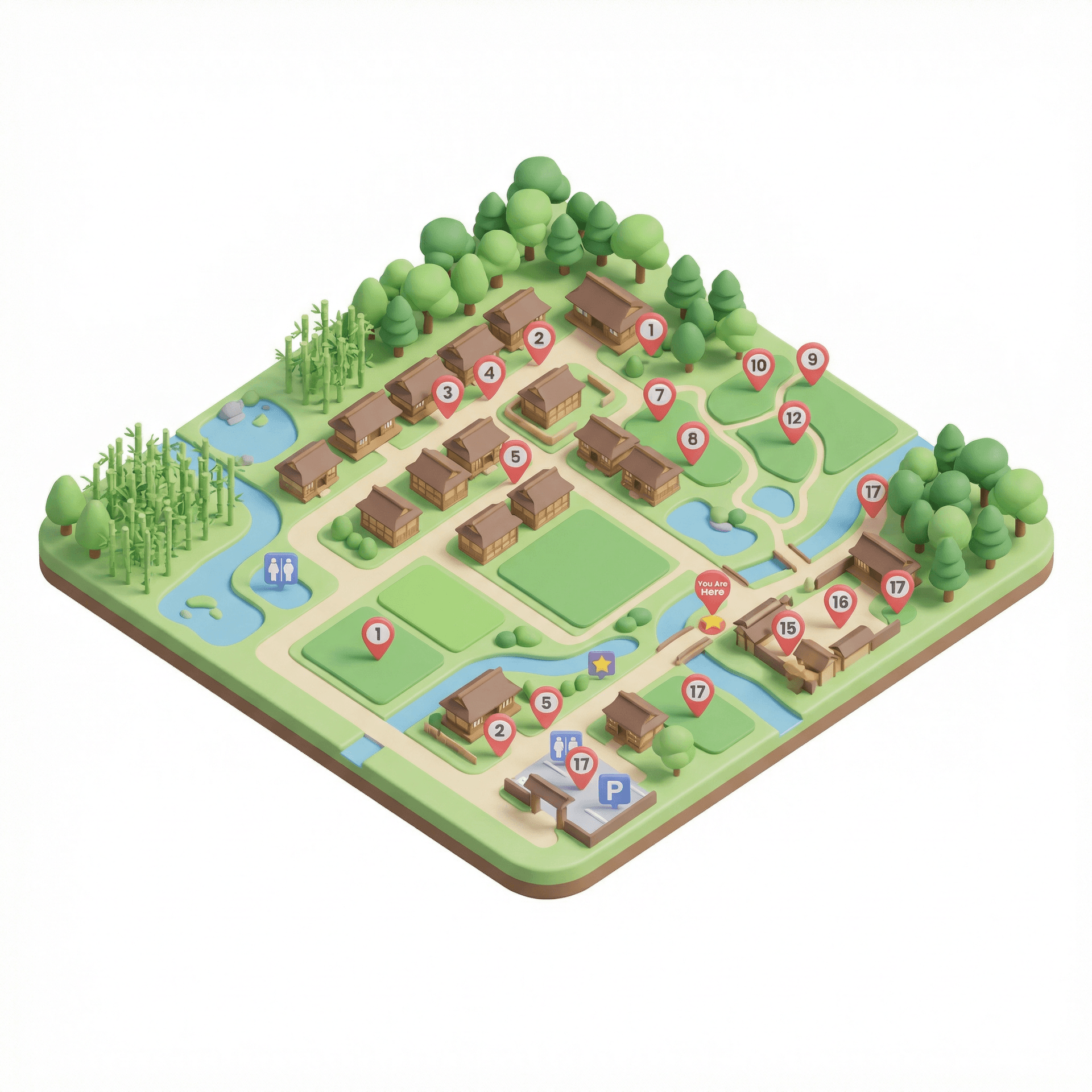 Create a clean isometric illustrated map based on multiple reference photos.
Turn real photos into simplified, cohesive map elements.
Use a top-down / isometric view with soft shadows.
Traditional village layout with small wooden buildings, brown roofs, green trees, bamboo clusters, open fields, paths, and water elements.
Add numbered red location markers (1–17), small icons for toilets, parking area, entrance, and “You Are Here”.
Flat design, pastel colors, slightly 3D, tourist map style.
Neat composition, clear zones, educational map aesthetic.
No realistic textures, no photorealism.