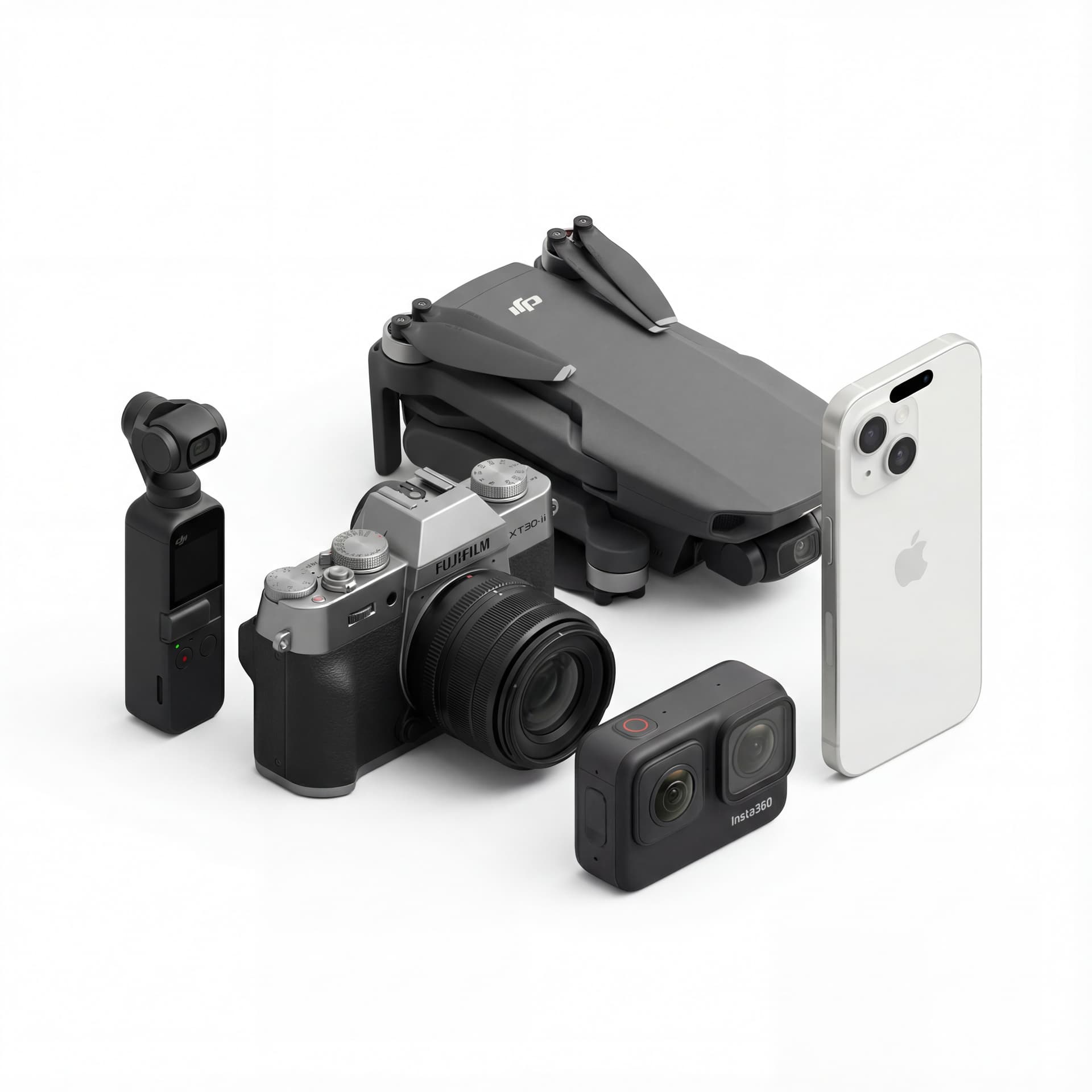 susunan dari 'DJI Osmo Pocket 4', 'Drone DJI Mini 2', 'FujiFilm XT30-ii Camera', 'Insta360 x4', dan 'iPhone 15'