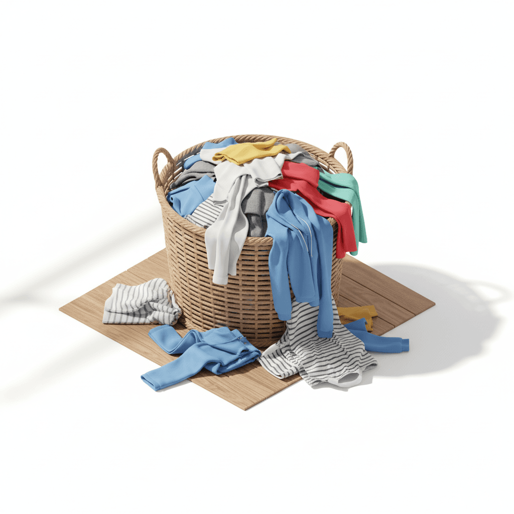 tumpukan baju laundry di keranjang penuh sampai meluap, beberapa baju jatuh ke lantai, suasana rumah, cahaya natural dari jendela, realistic domestic chaos, soft daylight, detail texture on fabrics, cinematic lifestyle photo, depth of field