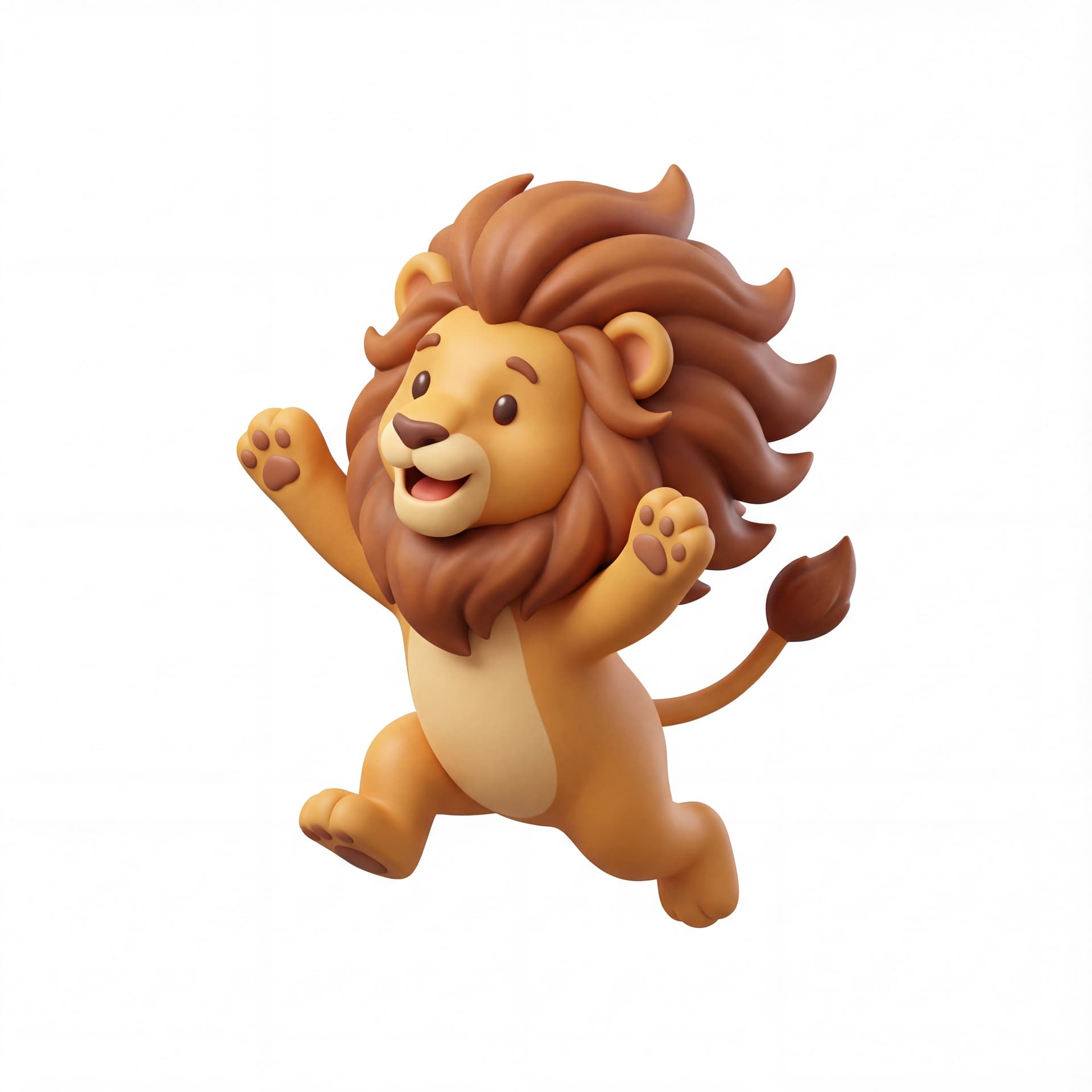 An isometric cute cartoon lion crouching and then popping up cheerfully, mane bouncing upward slightly.