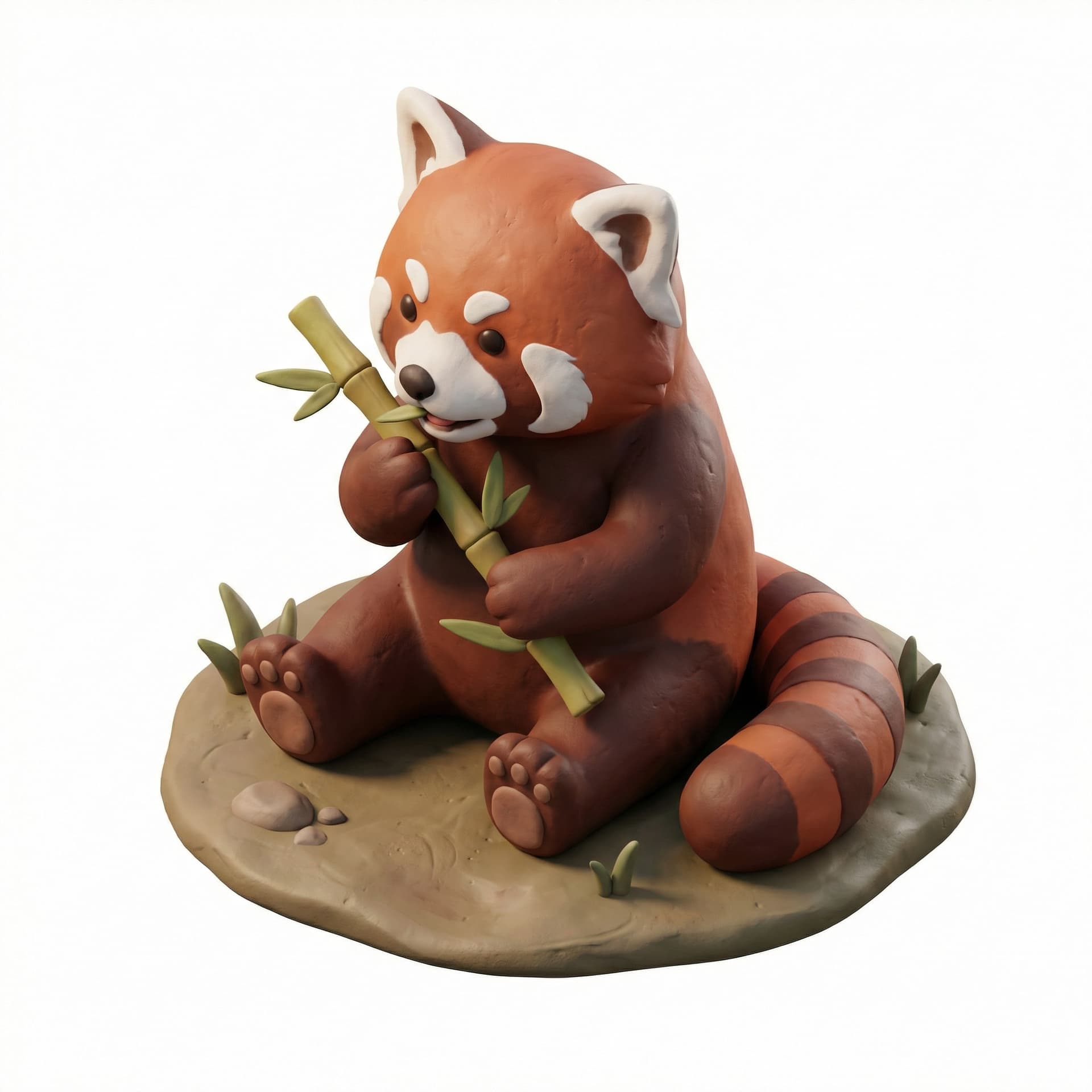 red panda sedang makan dengan style claymation