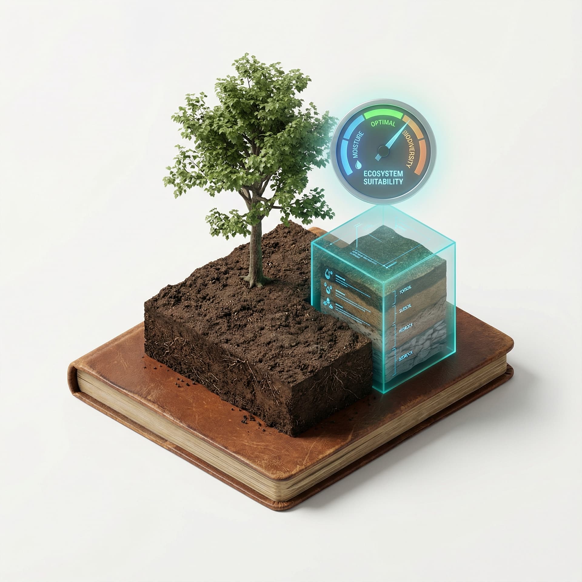 Same isometric soil tile angle and lighting. Use the same field notebook base, but add: a native species mini-tree model, a transparent AI analysis cube with soil layers visible inside, and an ecosystem suitability gauge floating slightly above the soil. Soft holographic glow, premium photorealistic rendering, clean white background.