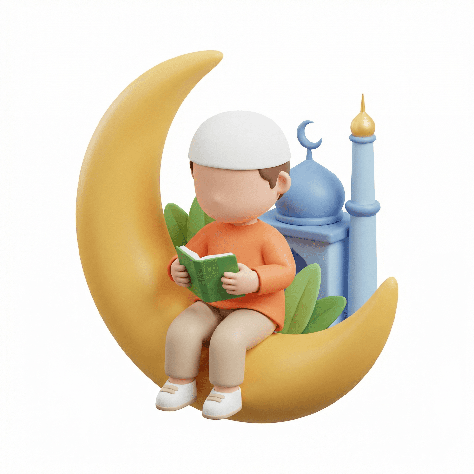 A cute stylized 3D illustration of a faceless child character sitting on a large crescent moon. The character has soft rounded proportions, a smooth simplified face with no facial features, and a calm, peaceful pose. The child is wearing a white prayer cap, an orange long-sleeve top, beige pants, and white shoes. The character is holding and reading a small green book with both hands, suggesting a moment of quiet reflection or prayer. Behind the character is a simplified mosque-inspired structure in soft blue tones, featuring a small dome, a crescent moon symbol, and a slender minaret with a golden tip. The crescent moon is large, smooth, and golden yellow, with a matte finish. Green leaf elements are placed between the character and the moon, adding a natural decorative touch. The overall style is minimal, cute, and child-friendly, with rounded geometry, soft edges, and pastel colors. Materials resemble smooth clay or soft plastic with subtle shading and gentle highlights. Rendered in a clean studio environment, isolated on a white background. Soft global illumination, balanced lighting, smooth shadows, no harsh contrasts. High-quality 3D render, Pixar-like proportions, modern cartoon aesthetic, ultra-clean look, sharp focus, PBR materials, ambient occlusion, blender cycles / octane render quality, high resolution.
