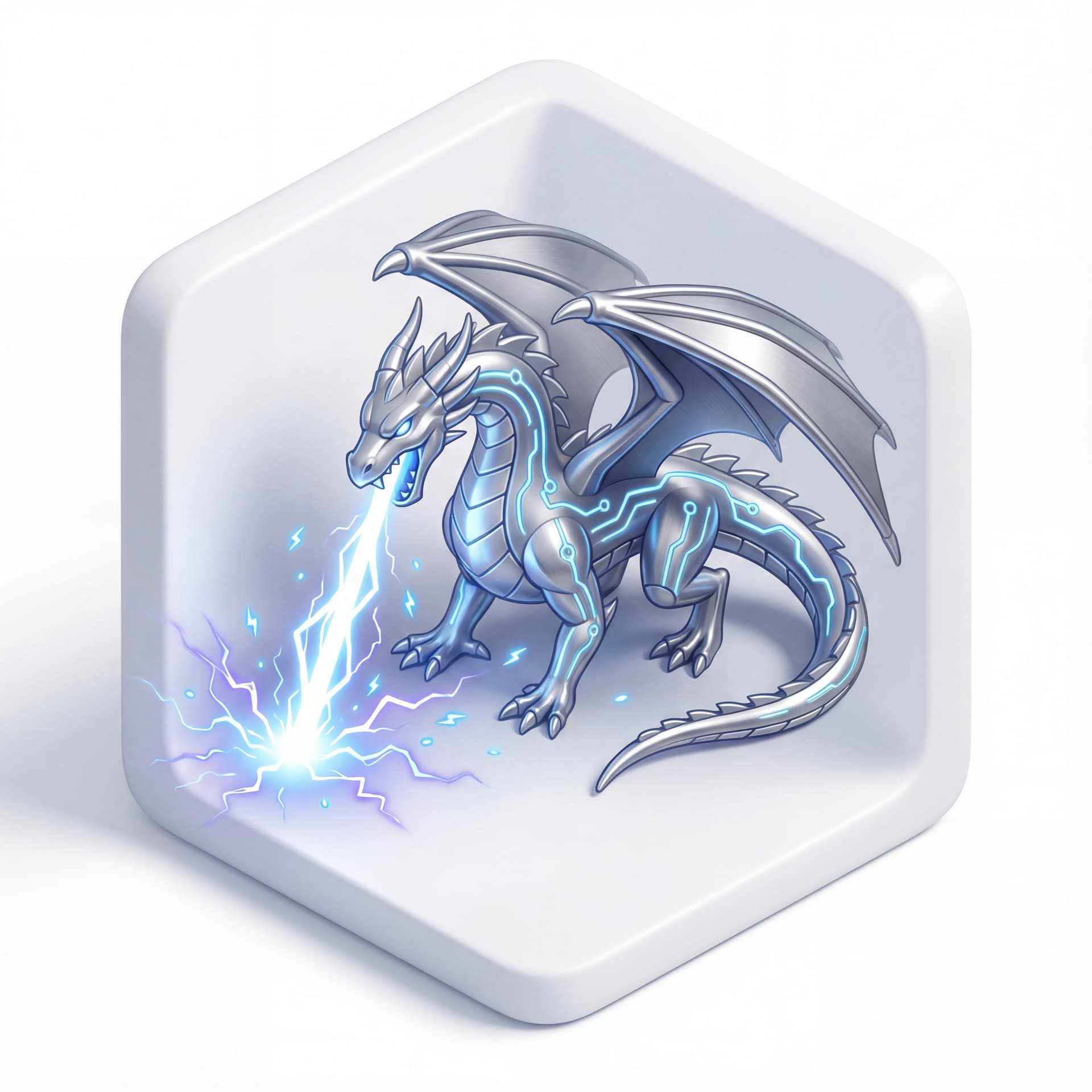 An isometric electric dragon with metallic silver scales and neon-blue circuit-like veins roaring downward while firing a lightning beam, surrounded by crackling electric arcs and glowing ion spark