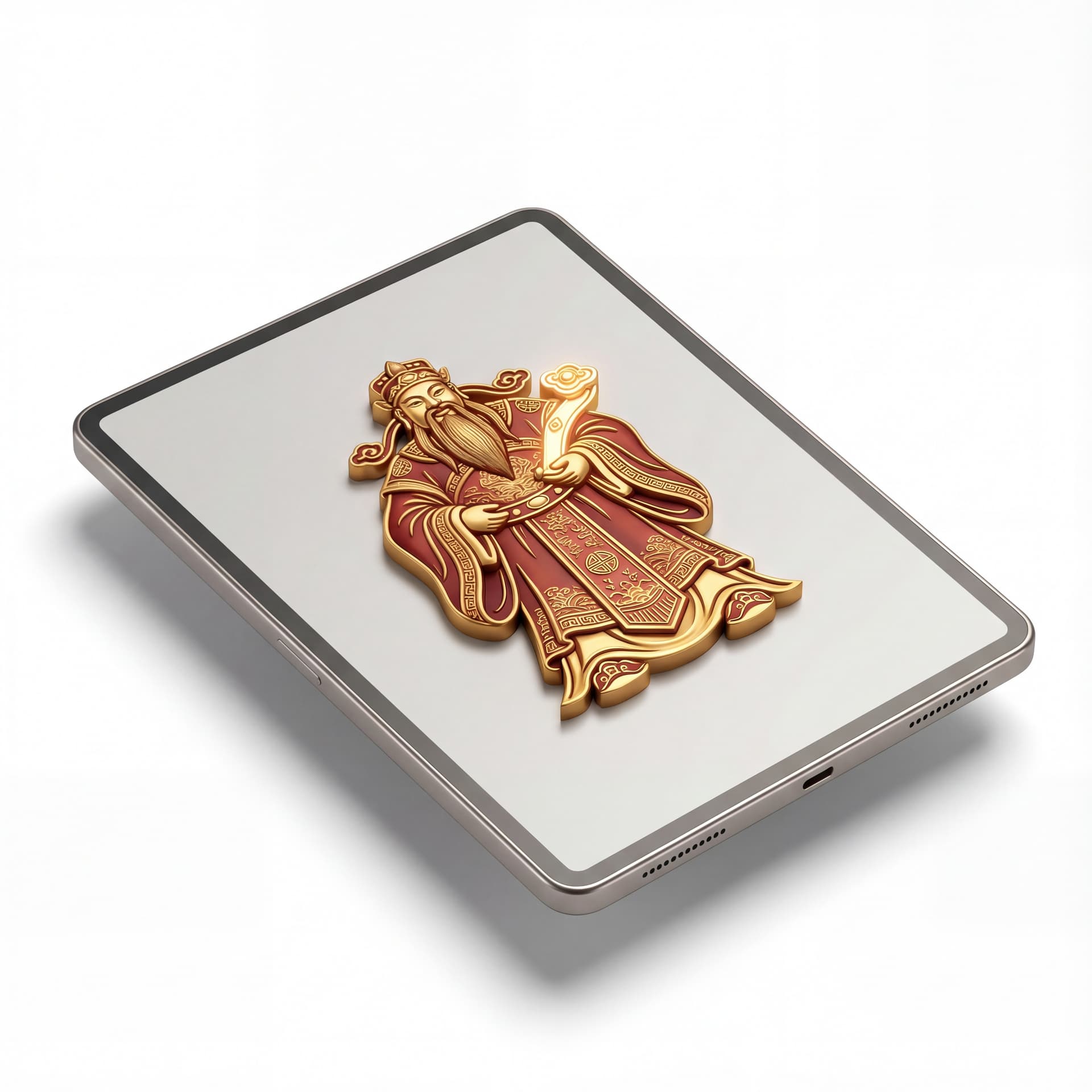 A full-body depiction of a valiant God of Wealth standing with feet apart in a commanding posture, broad shoulders, long beard flowing naturally, ceremonial robes with refined traditional patterns, arms lowered while holding a symbolic wealth tablet, front-facing, isolated on a white background.