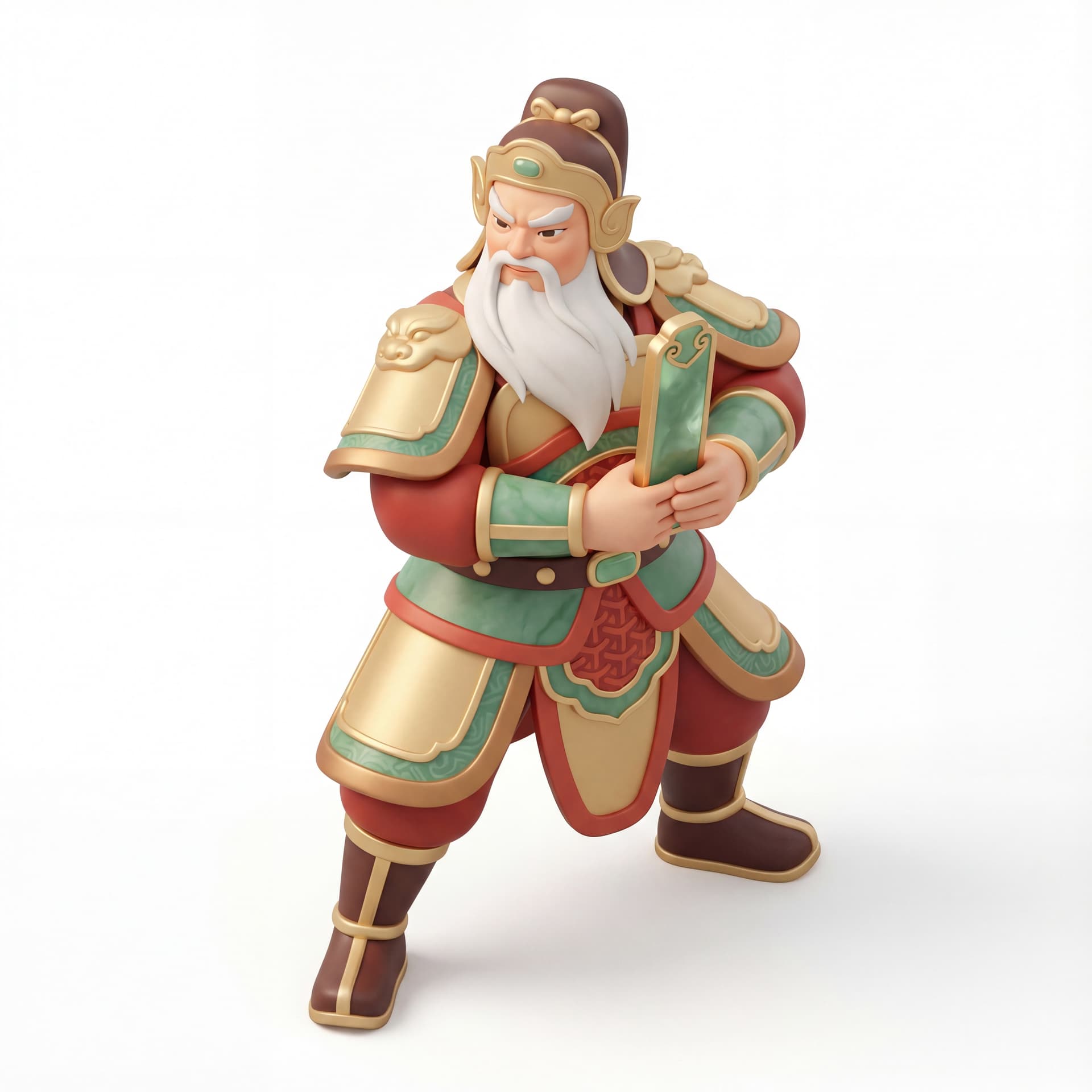 A valiant God of Wealth warrior-style depiction, standing firmly with wide stance, layered ceremonial armor inspired by ancient Chinese design, long beard flowing downward, confident resolute expression, holding a symbolic wealth tablet, isolated on a white background.