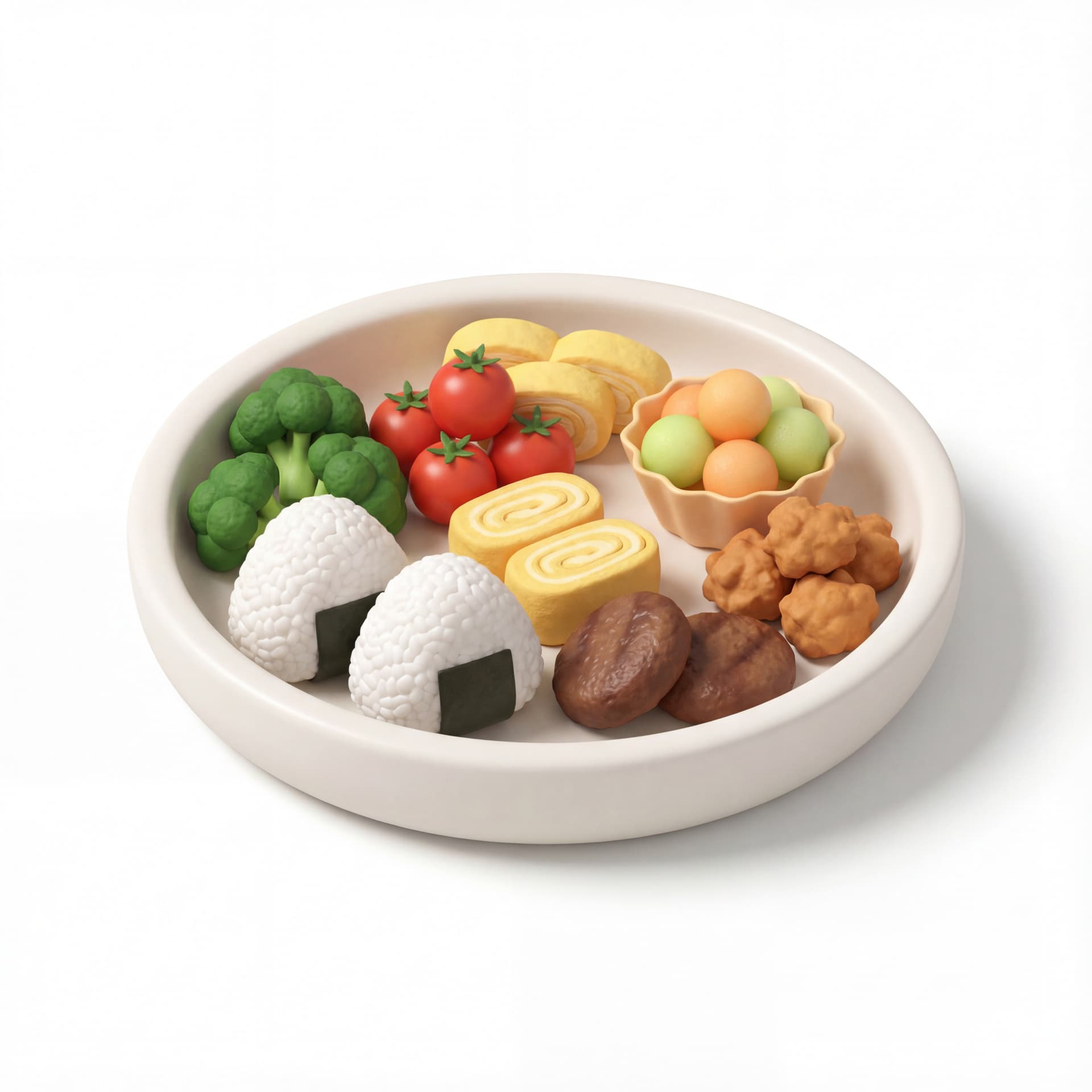 A cartoon bento assortment neatly arranged on a shallow plate, rounded food portions, clean separation, balanced colors