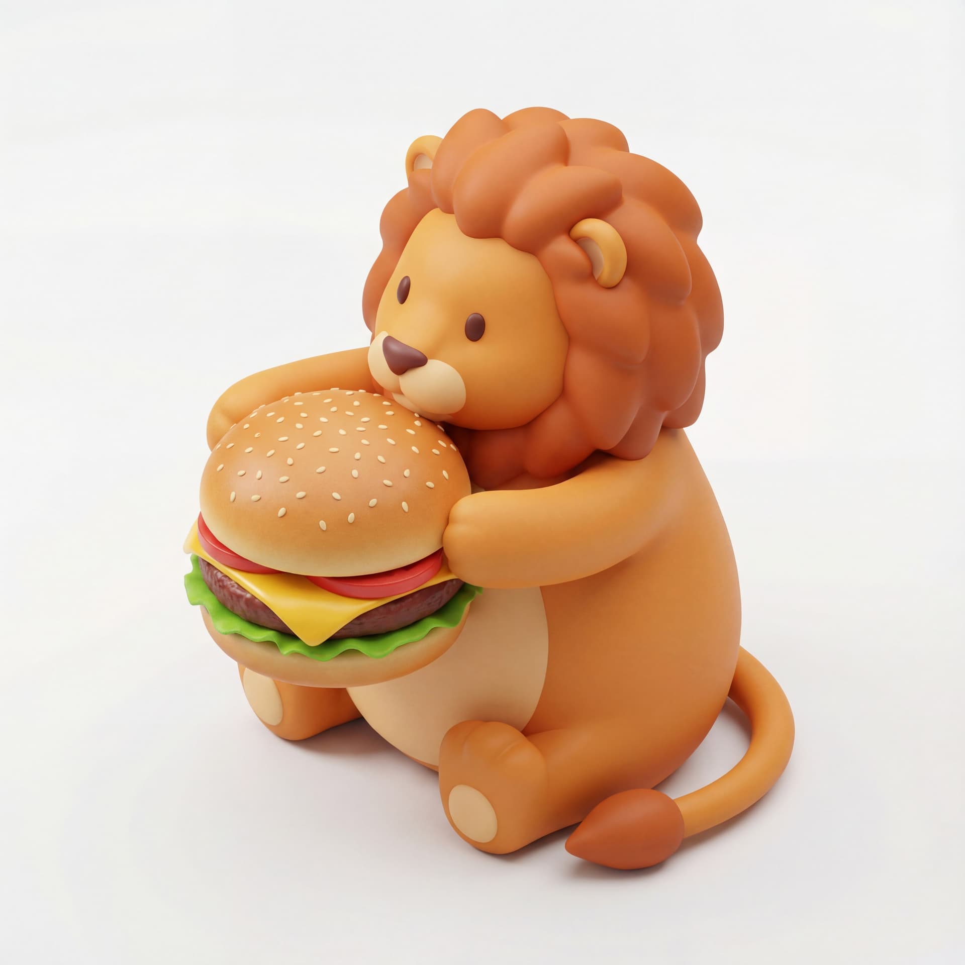An isometric fat cute cartoon lion hugging a large piece of food close to its belly, tail curled in contentment.
