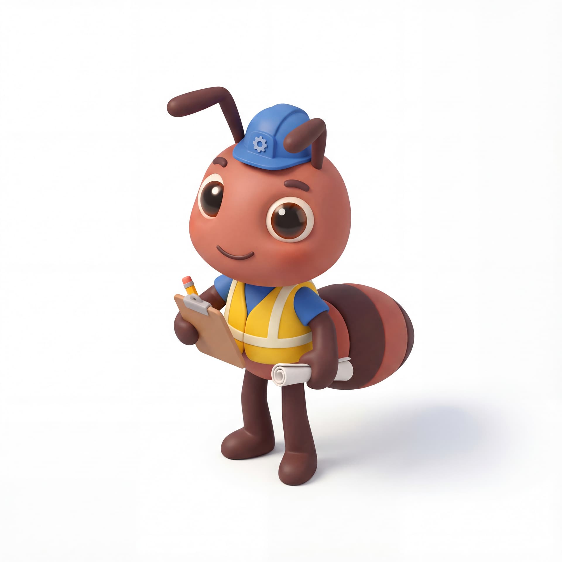 A cute cartoon ant mascot character dressed as a project manager, full body, front-facing, rounded proportions, big expressive eyes, soft shading, friendly neutral smile, centered composition, isolated on a white background.