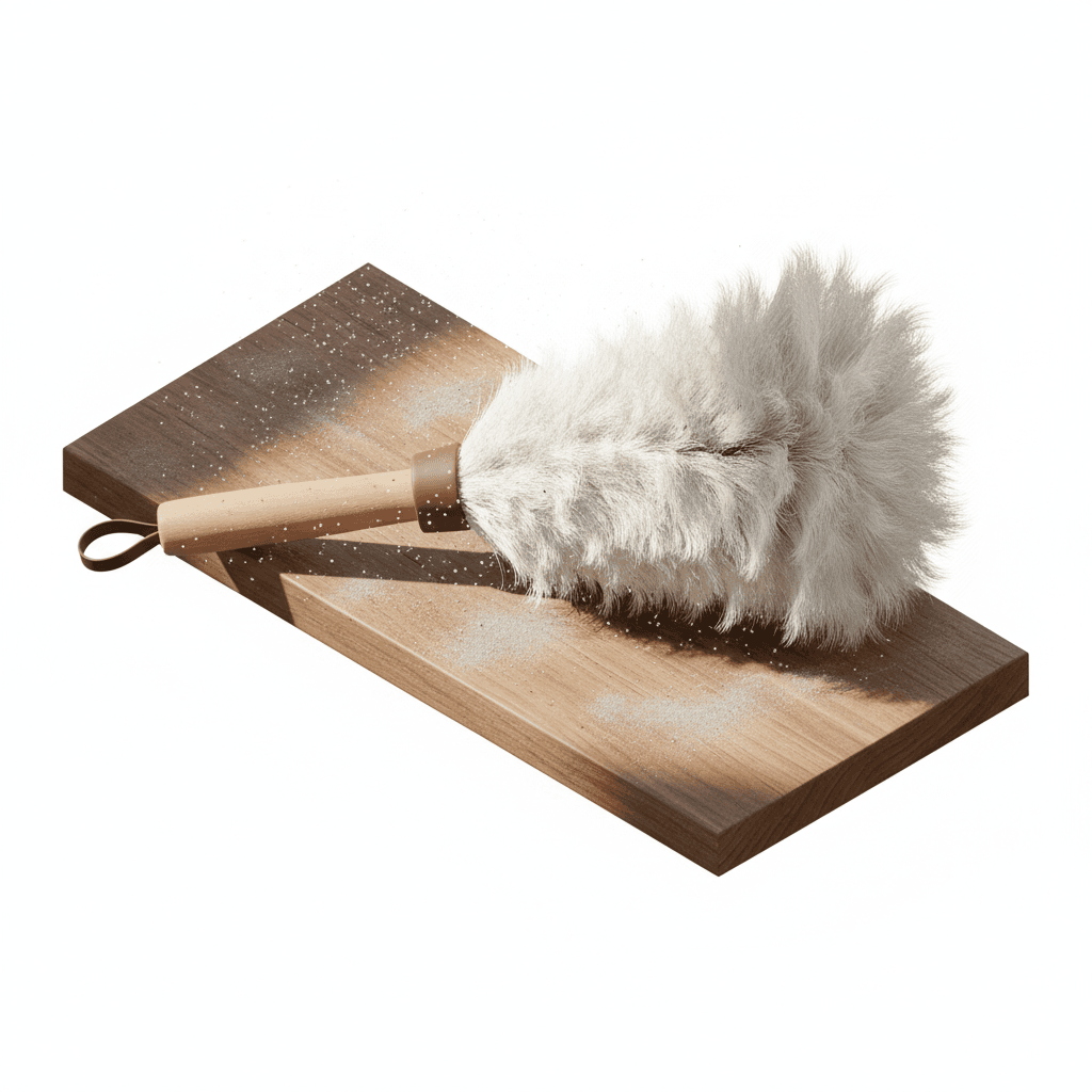 feather duster on a dusty shelf visible dust particles sunlight streaks macro detail shot clean aesthetic
