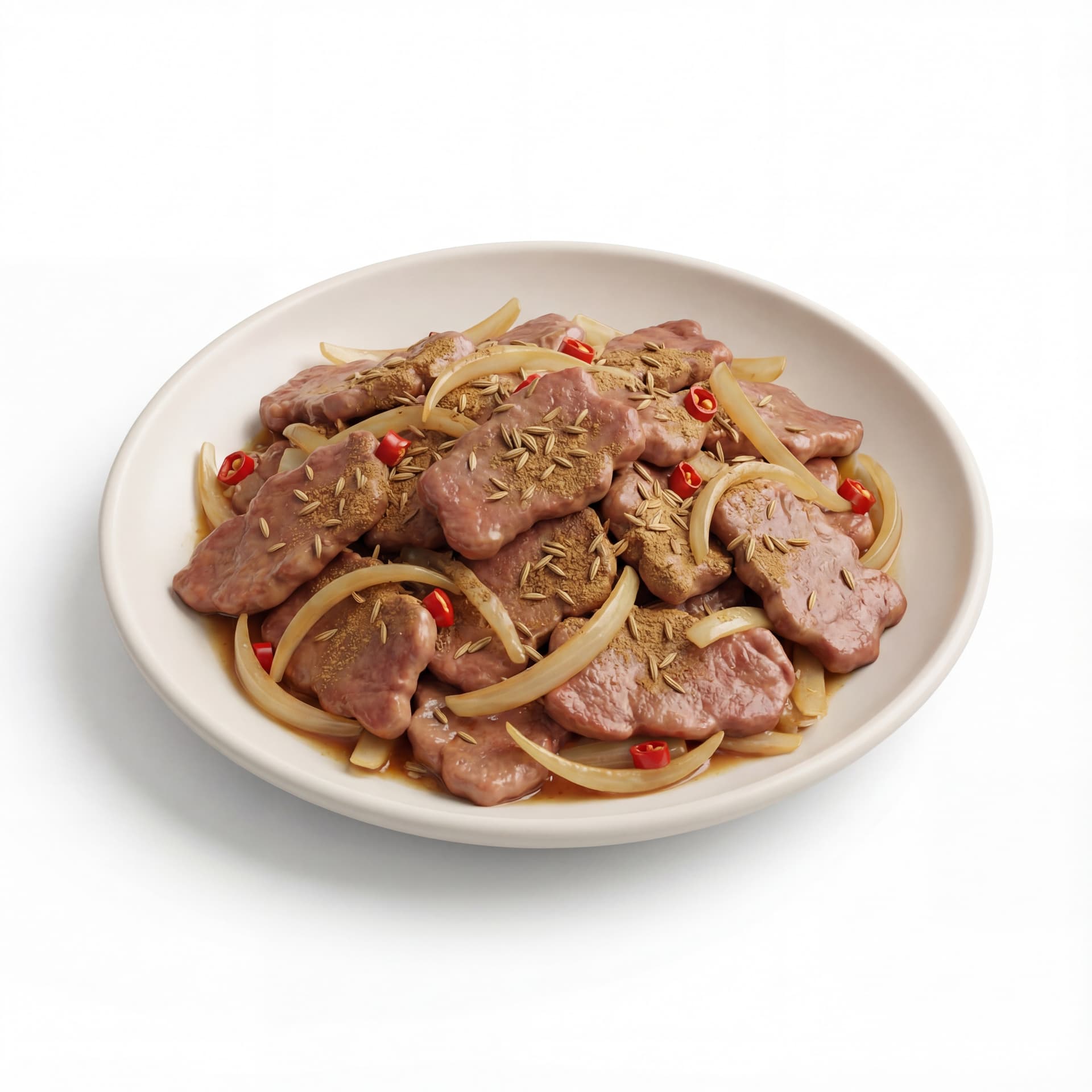 A plate featuring Xinjiang-style lamb stir-fry with lamb slices, cumin seasoning, onion strips, and red chili flakes.