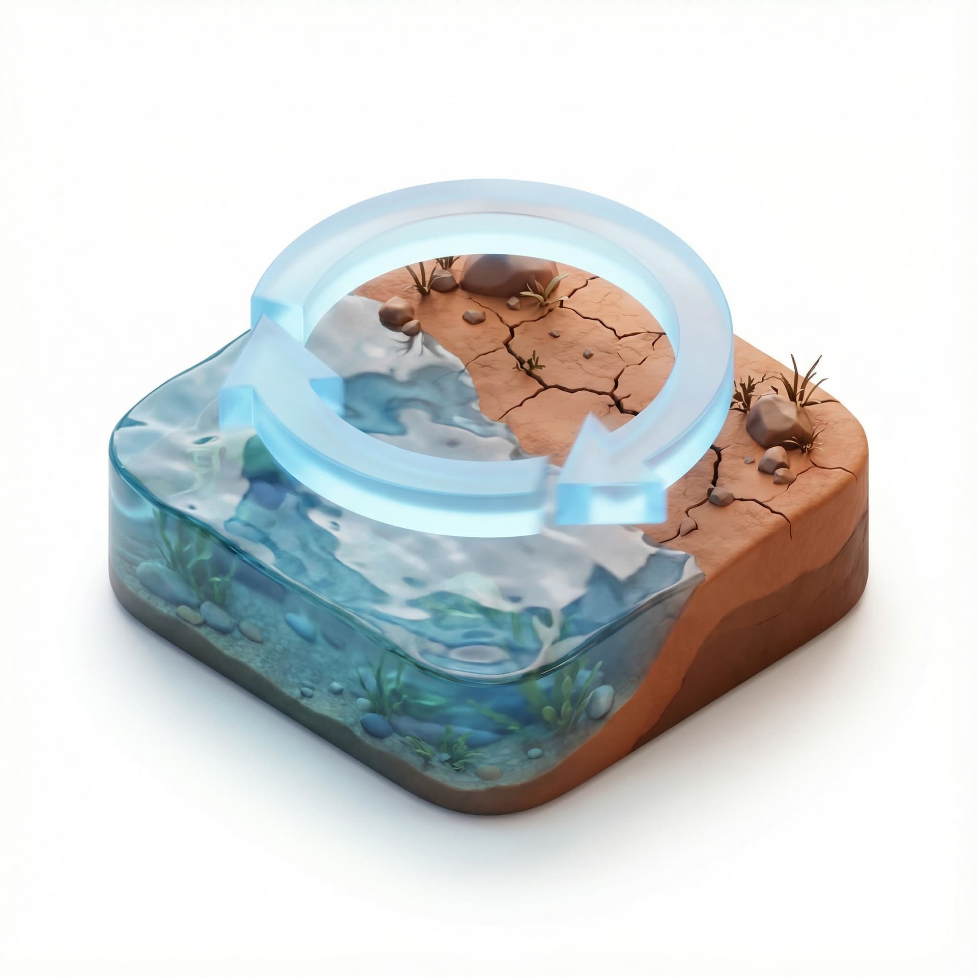 Realistic 3D miniature icon of a small landscape tile with water on one side and dry soil on the other, with a floating circular cycle arrow above it to represent automated hydrology and inundation cycles. Smooth rounded edges, soft reflections, Apple/Airbnb-style lighting, soft shadows, clean white background.”