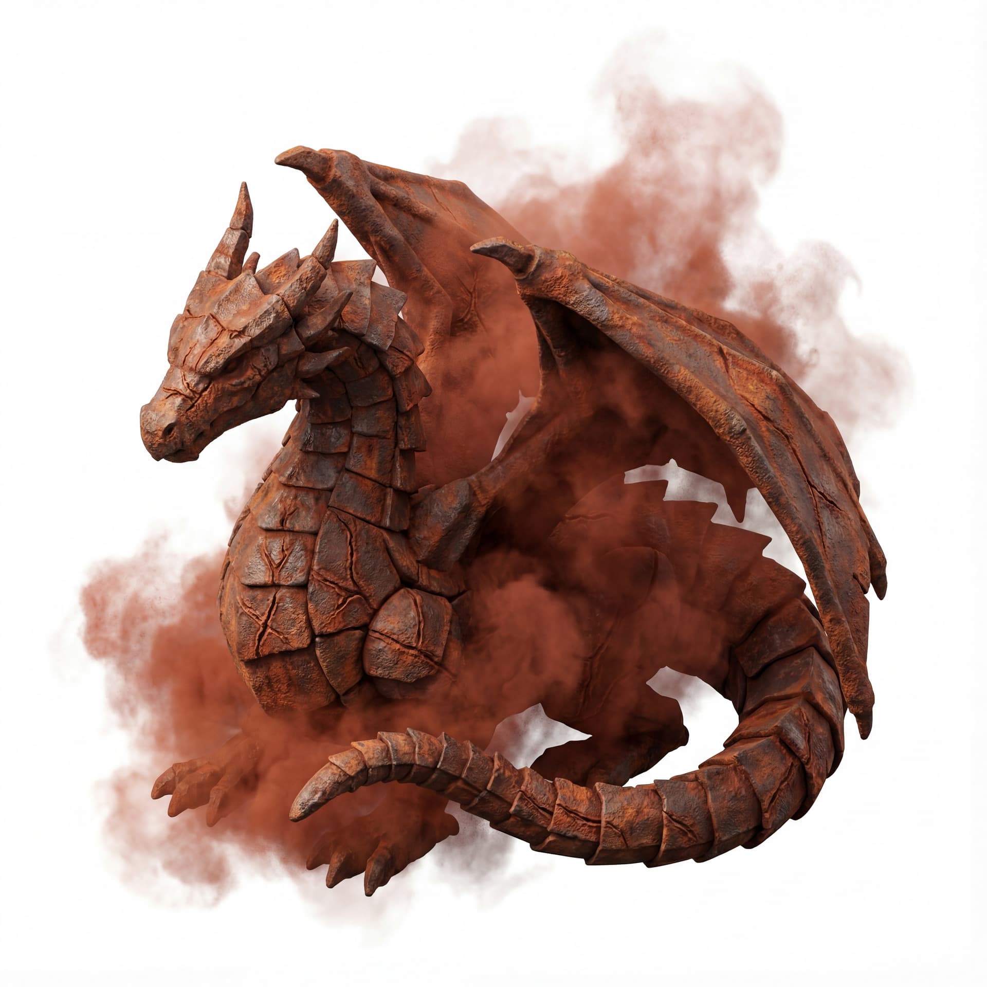 3D isometric icon: An isometric dragon of corroded iron plates etched with erosion lines engulfed in a rust-red haze symbolizing decay and renewal.