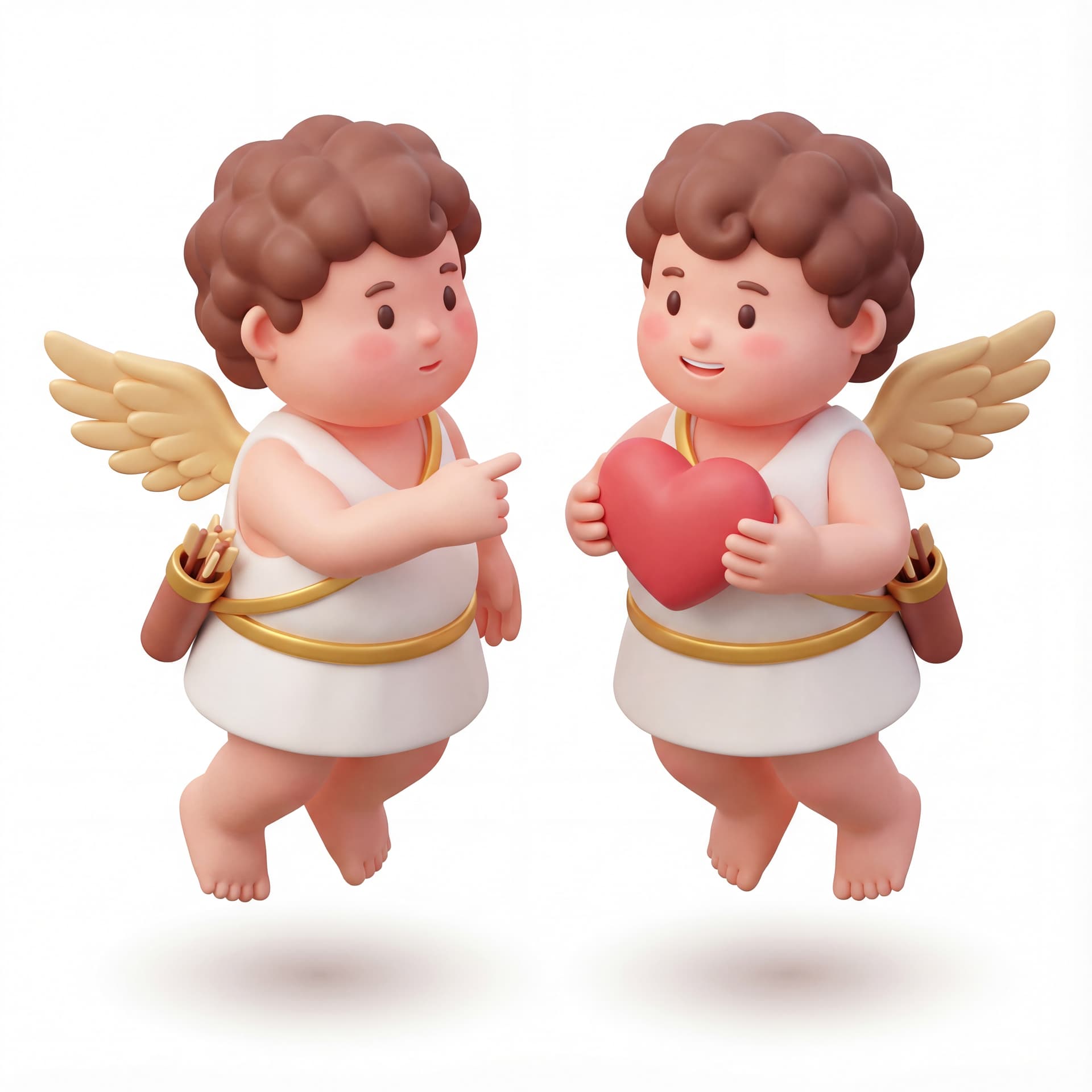 A full-body portrait of a cute couple of Cupid characters floating upright, wings open, one Cupid pointing forward while the other holds a heart, coordinated teamwork pose, isolated on a white background.