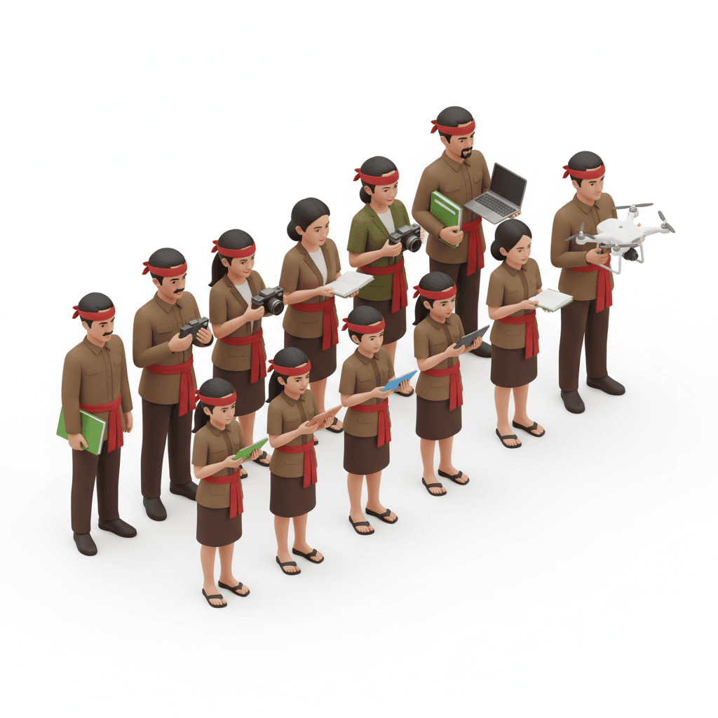 Murid  usia TK, SD, SMP, SMA dan Bapak Ibu Guru Memakai baju pahlawaan perjuangan berdiri berjajar sedemikian rupa dengan membawa berbagai alat-alat belajar modern seperti handphone, kamera, buku dan lain-lain