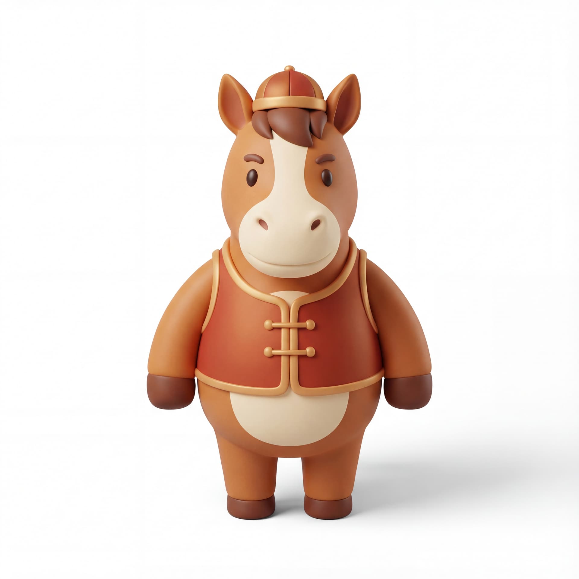 A cute cartoon horse mascot character representing the Year of the Horse, standing upright, calm confident posture, rounded proportions, full body, front-facing, isolated on a white background.