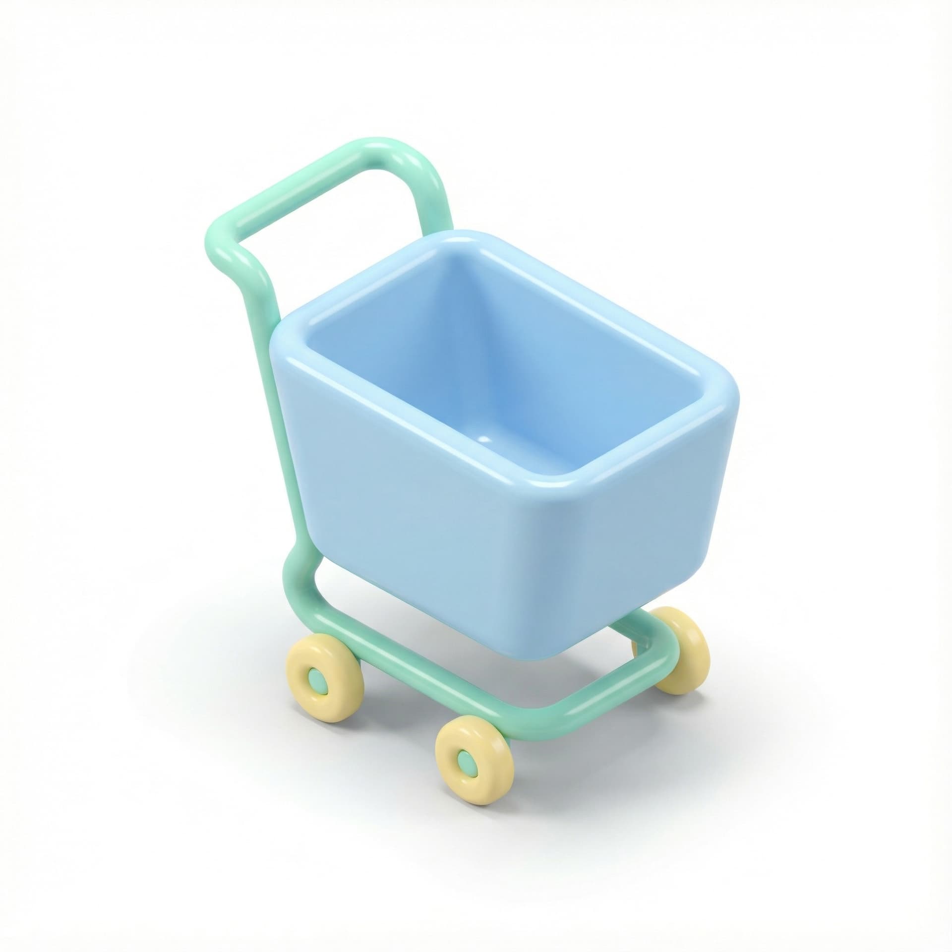 isometric, modern 3D shopping cart icon, smooth rounded edges, soft pastel colors, glossy plastic material, subtle reflections, soft studio lighting, gentle shadow beneath, centered composition, isolated on pure white background, ultra-high resolution, clean cutout, professional 3D icon render, PNG transparent background