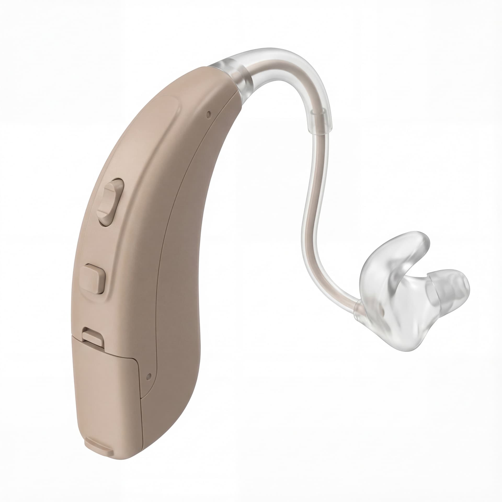 A realistic 3D hearing aid device sized for behind-the-ear use, audiology medical equipment, isolated object.