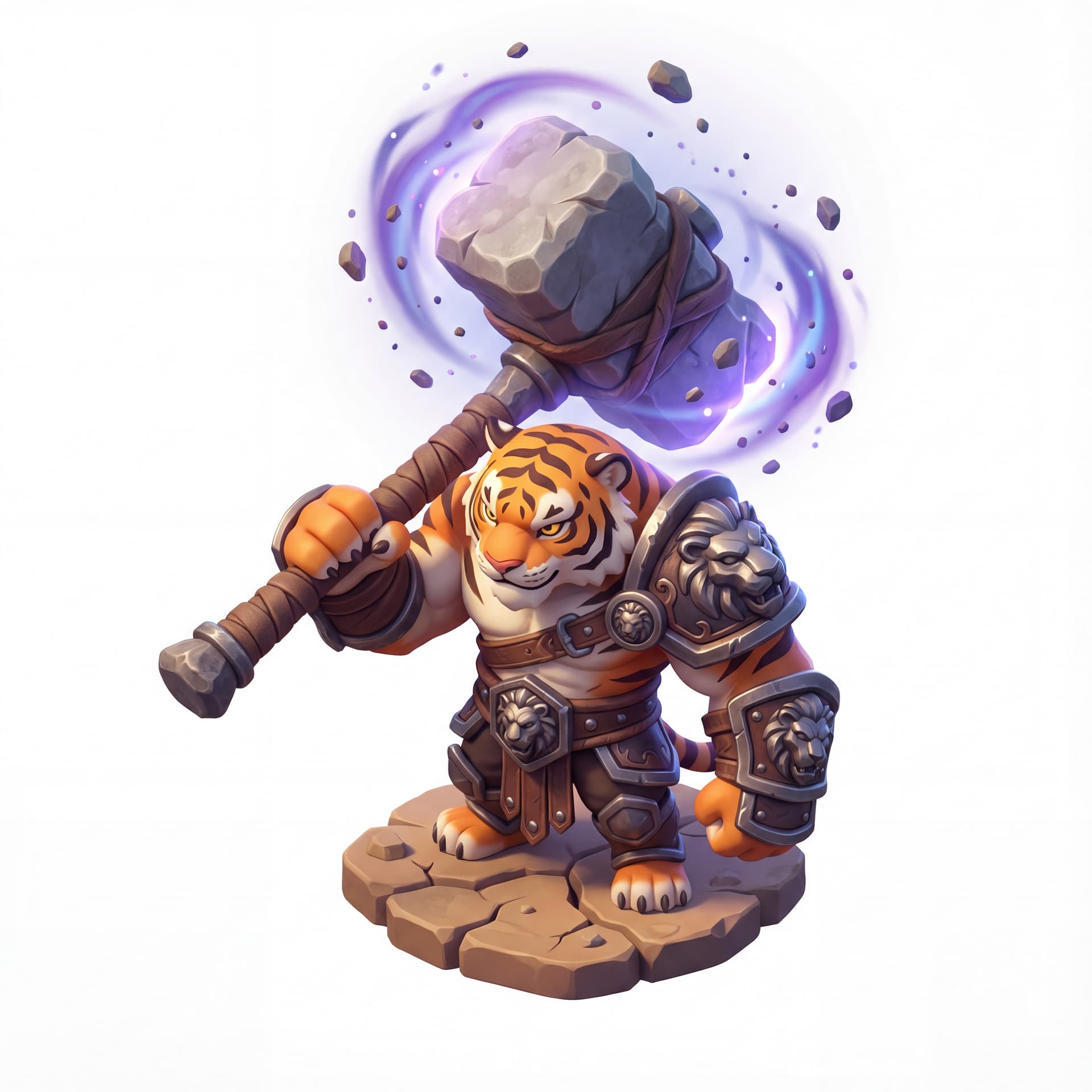 A 3D chibi tiger guardian wielding a massive stone hammer, gravity aura pulling debris inward around the hammer head, exaggerated muscular limbs, heavy armor detail, isolated character.
