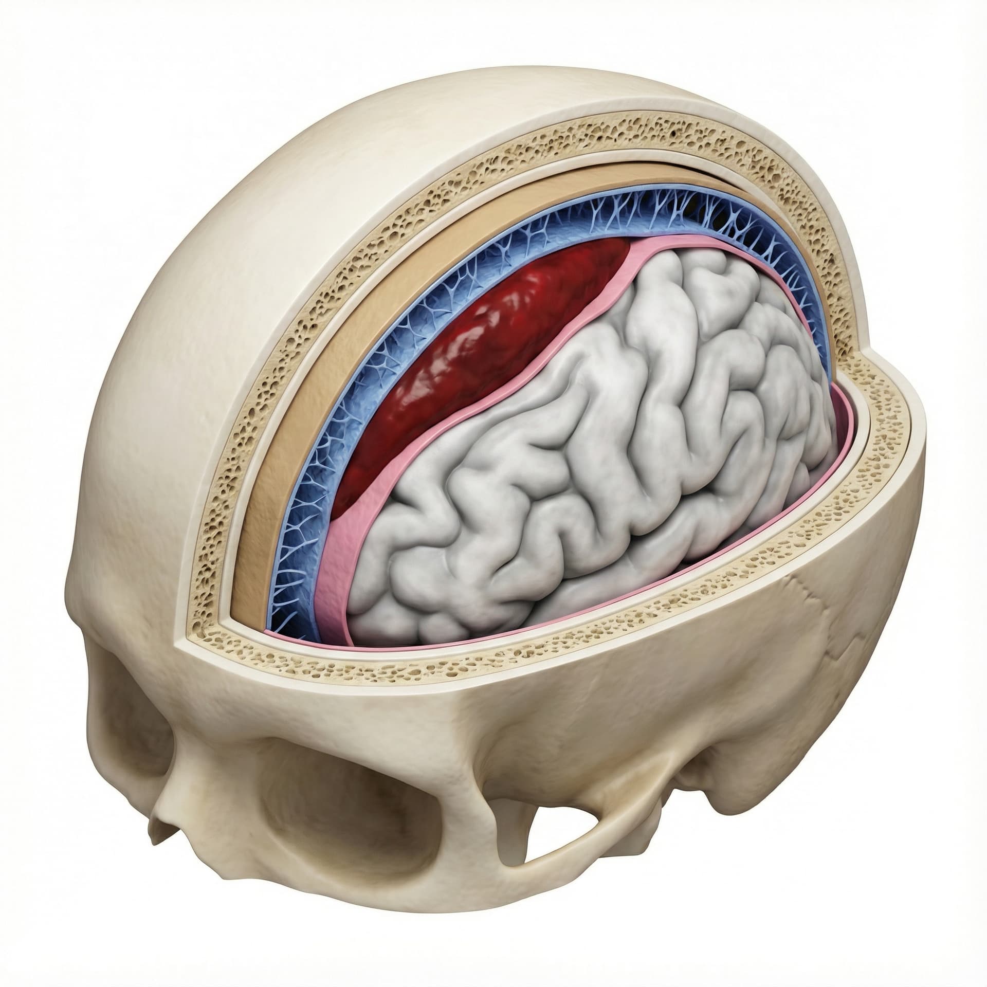 3D isometric cross-section of a human skull showing subdural hematoma, crescent-shaped dark red blood collection between the dura mater and arachnoid membrane, brain tissue visible underneath with slight compression, skull bone layers clearly depicted, meningeal layers labeled with distinct colors, educational medical illustration style, clean anatomical detail, soft lighting