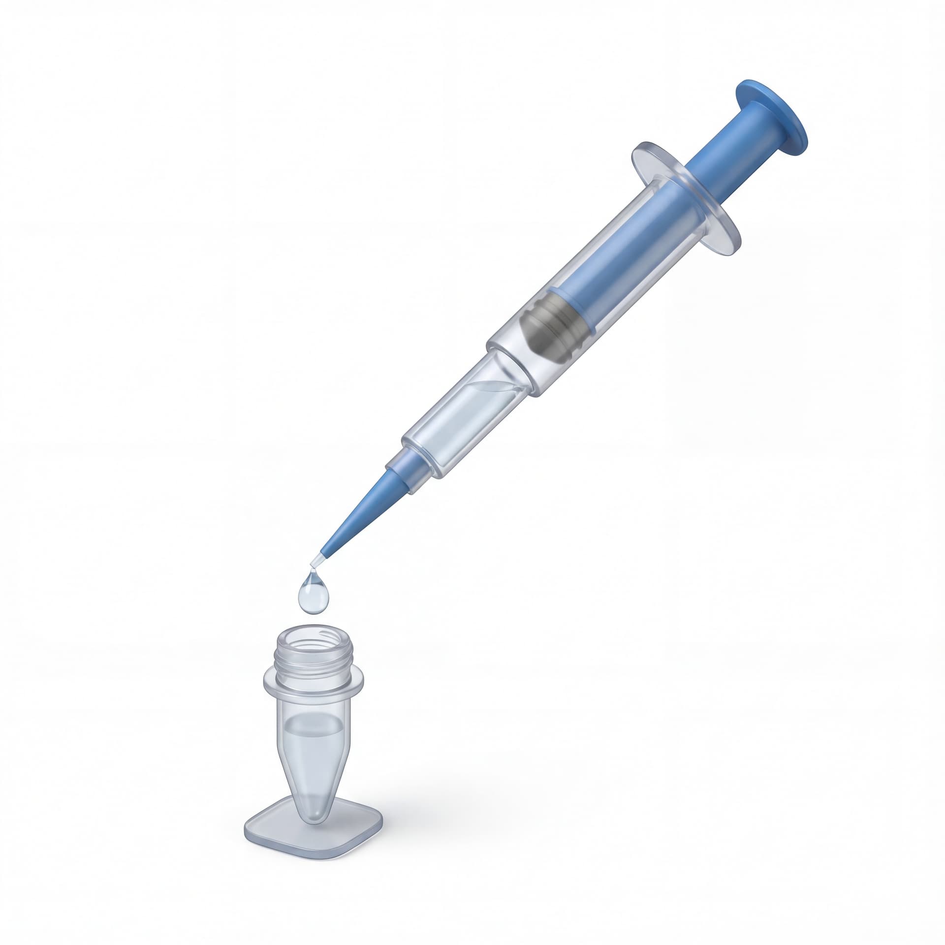 A laboratory pipette releasing a single droplet into a sample container, moment frozen mid-air, high-detail scientific realism, isolated on a white background.