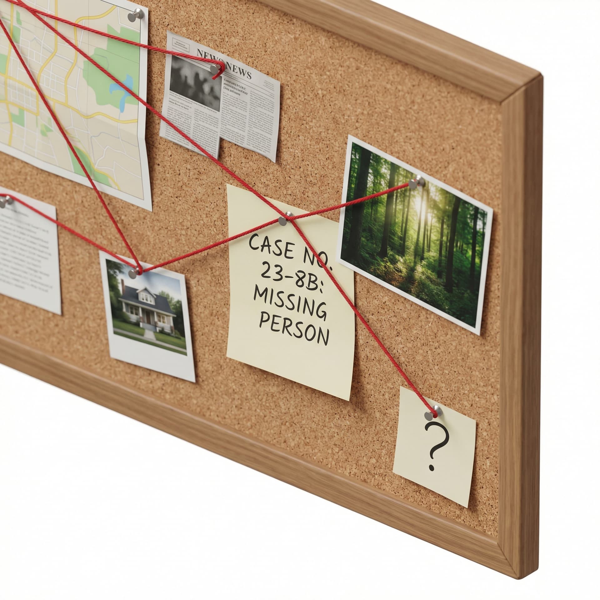 realistic detective board with paper with text and with paper with nature image connected with red wires