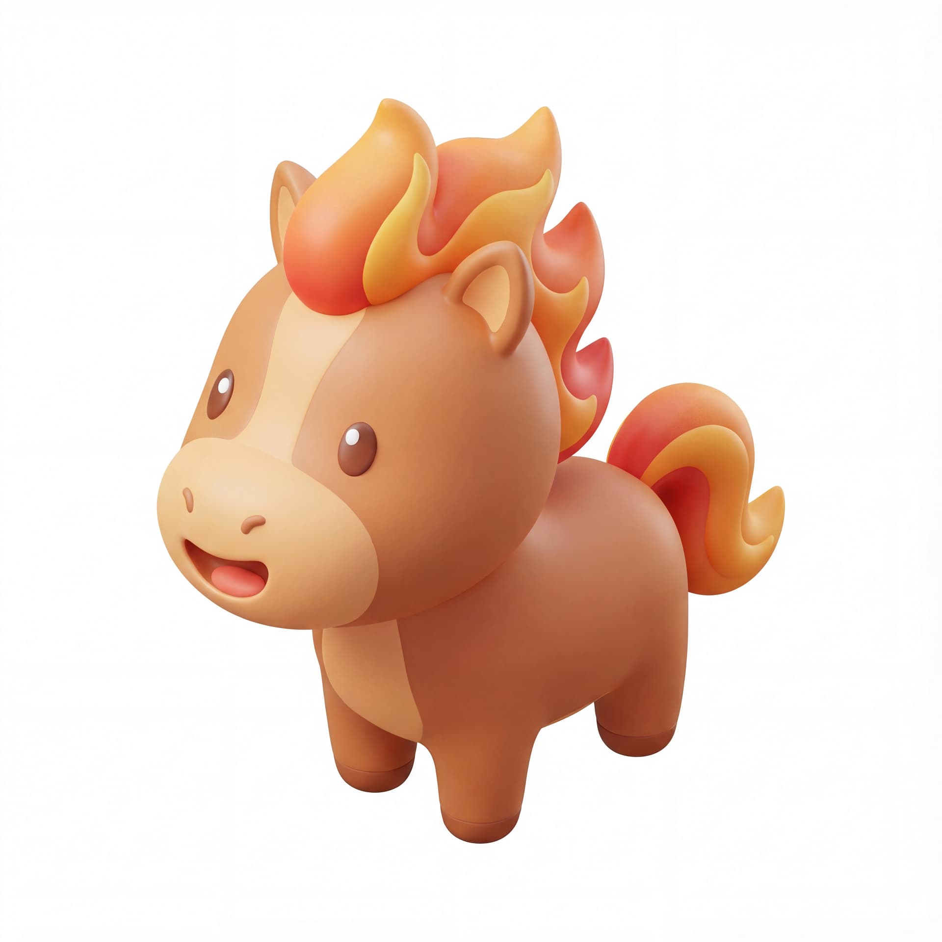A cute chibi-style Chinese zodiac horse, short legs and oversized head, gentle flame-shaped mane and tail, smooth curved outlines, cheerful expression, centered composition, isolated on a white background.