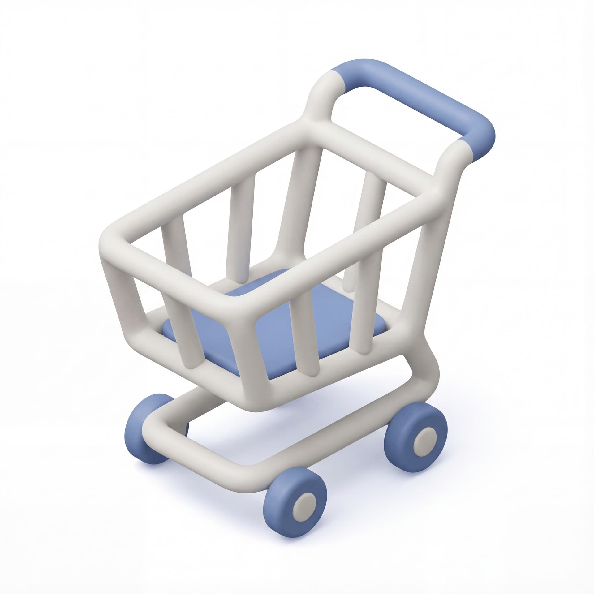 Ikon logo Shopping Cart dengan style Soft 3D Icon clay minimal tebal membulat detail rendah konsisten pencahayaan lembut bayangan kontak ringan dan warna neutral off-white dengan aksen biru lembut.