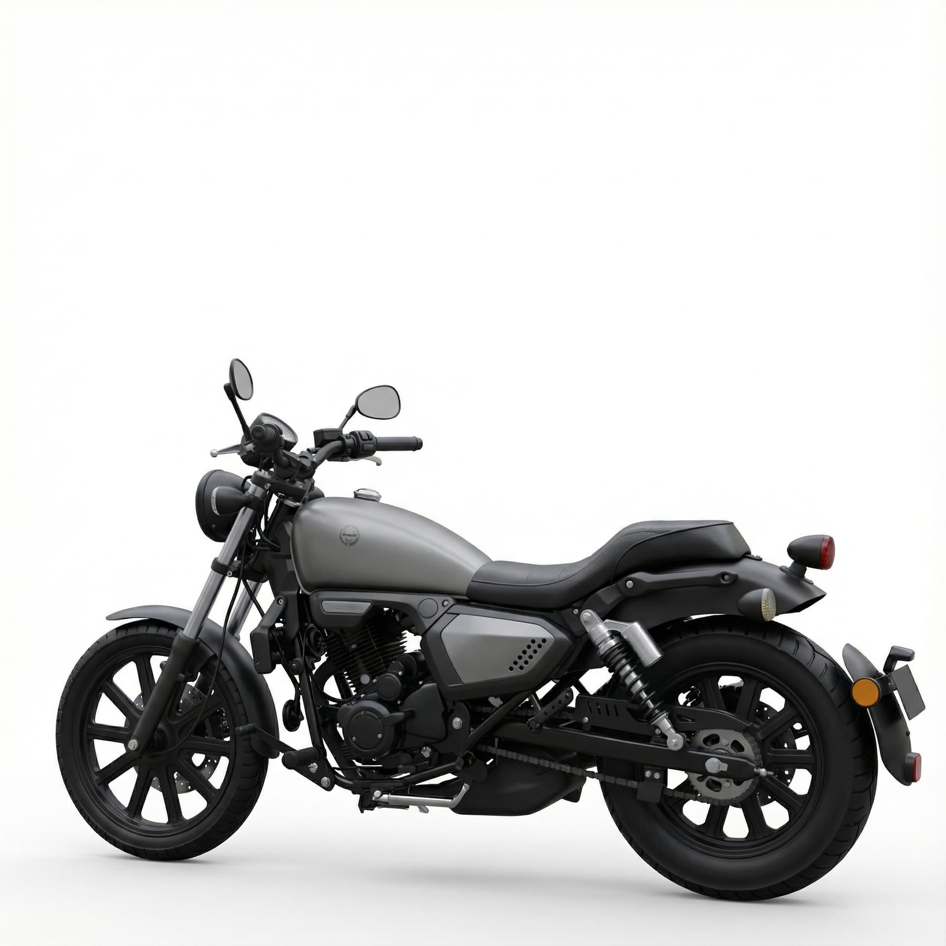 A Benelli Motobi 200 Evo motorcycle in a photorealistic neo-retro scrambler style. Matte metallic grey teardrop fuel tank with subtle branding, blacked-out single-cylinder engine, minimalist frame, and flat black leather seat. Twin rear shocks with chrome springs, wide road tires on alloy wheels, low matte black exhaust, round headlamp. Clean side view, natural lighting, cinematic depth, modern Italian heritage.