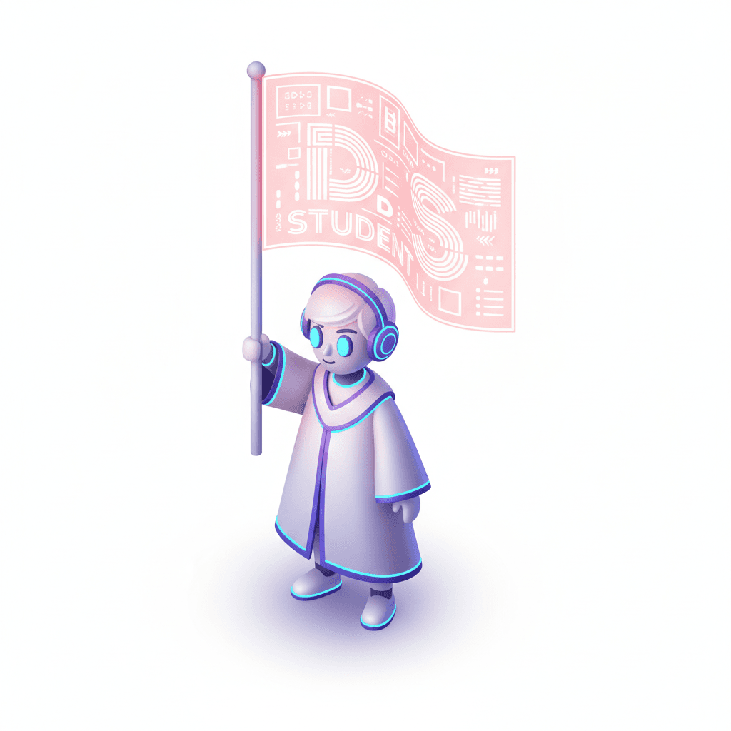 futuristic neon isometric icon of a digital student avatar holding a glowing red-and-white holographic flag