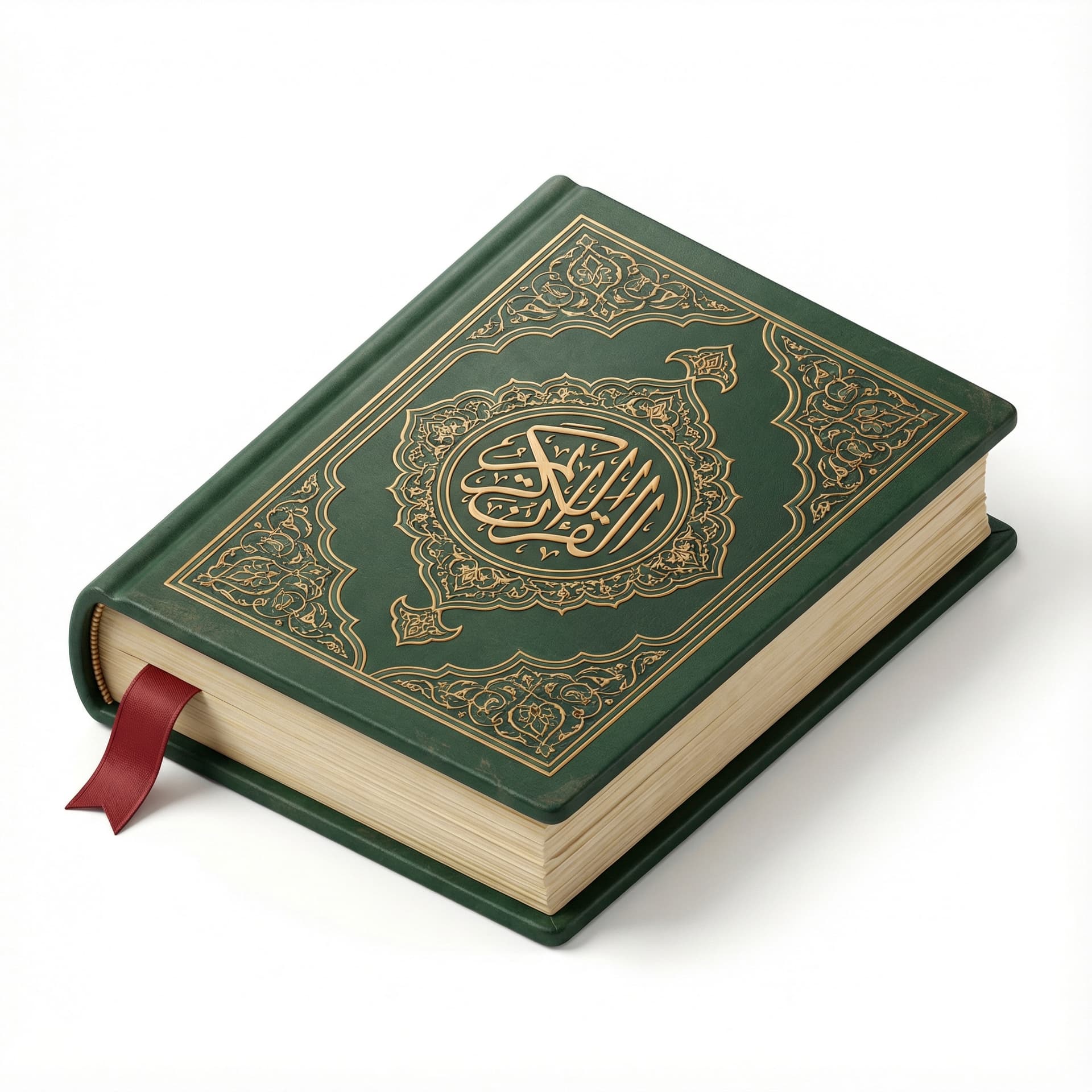 al-quran, dark green hard cover. with red book marker inside the quran. on the hard cover, have arabic quote says "القرآن" at the center with islamic design around it.