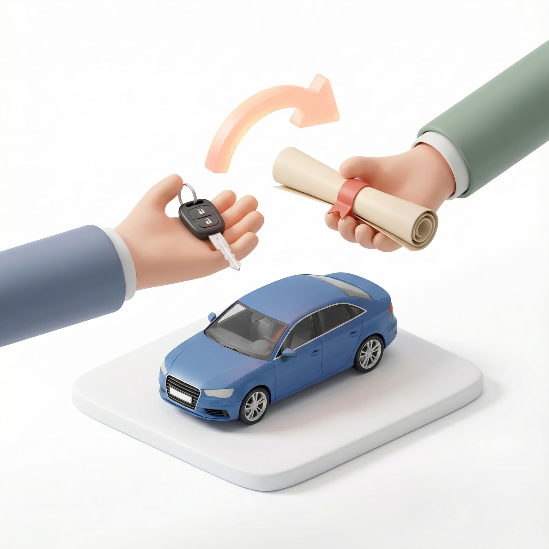 Two stylized hands (one from the left, one from the right) in isometric view exchanging a car key with a fob and a rolled-up legal document over a small blue car model. A curved arrow indicates the movement of transfer between the hands.