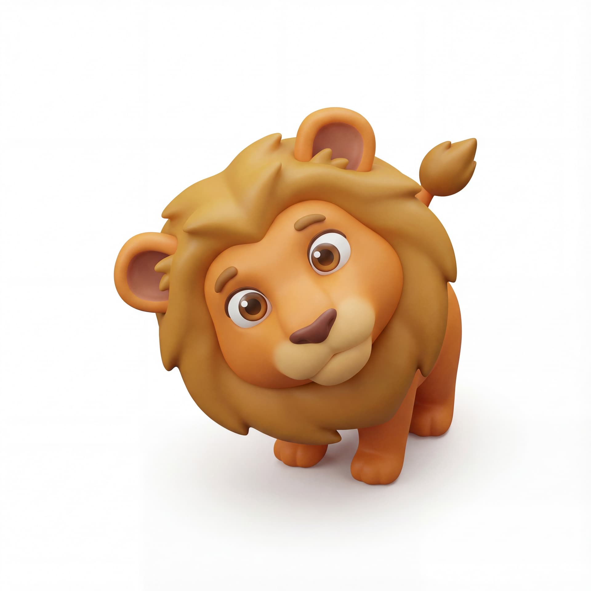 An isometric cute cartoon lion tilting its head curiously, ears drooping then perking back up.