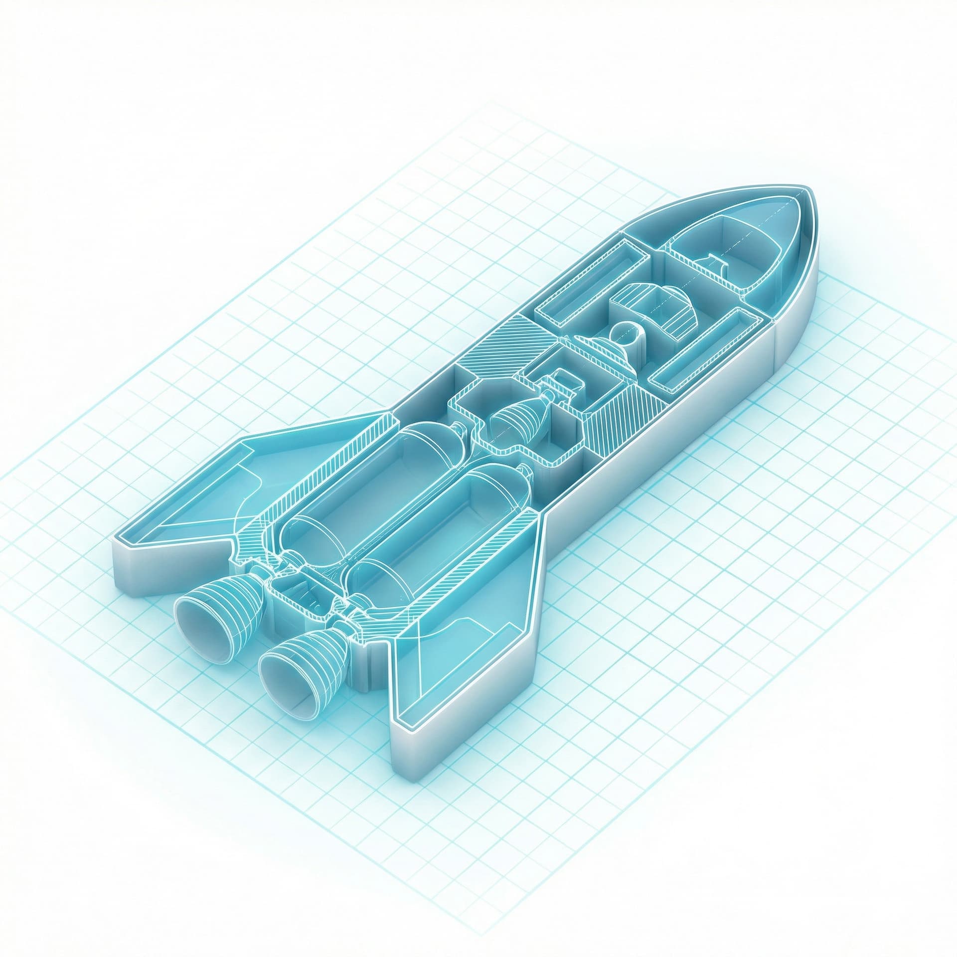 Isometric icon of a space rocket, engineering blueprint, cross-section view, grid background, technical annotations, cyan and white lines.