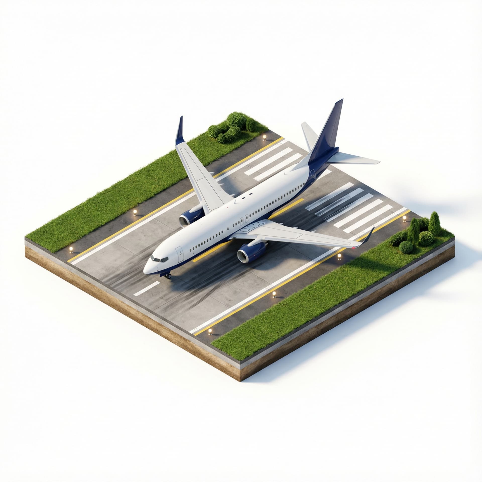 Create a high-definition miniature 3D isometric diorama of a modern commercial airplane (Boeing-class jet). Use a 45° top-down isometric angle. The aircraft body is white with elegant blue accents on tail and engine nacelles. Place it on a premium airport runway segment with precise markings, concrete texture, and subtle rubber skid details. Build the scene on a raised diorama base with trimmed grass, runway lights, and minimal clean landscaping to maintain a premium microstock feel.