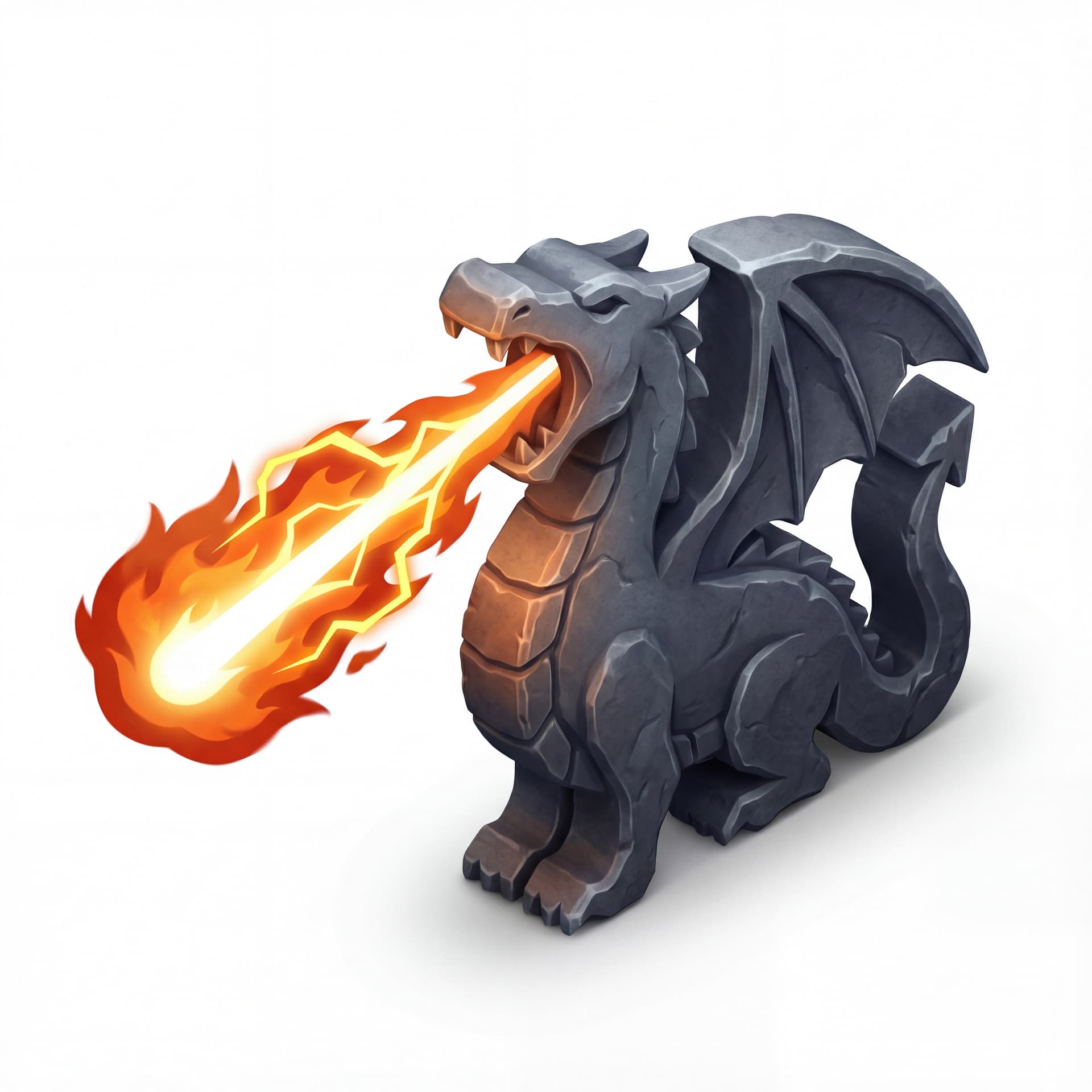 An isometric dragon with charcoal stone-textured scales roaring wide, expelling a thick flame jet threaded with yellow lightning bolts and a glowing white beam center.