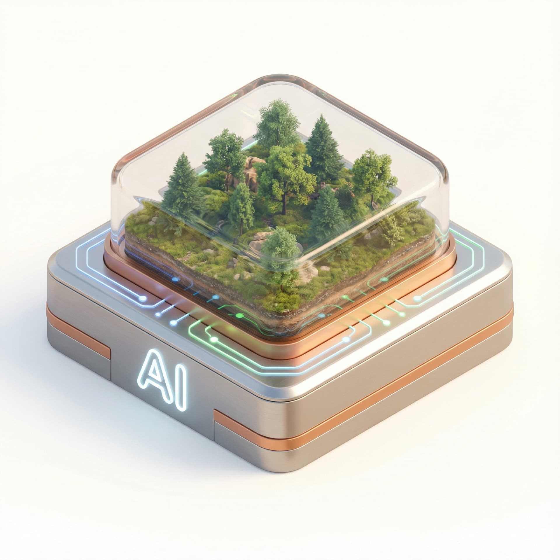 Realistic 3D miniature icon of a futuristic AI processor chip with a transparent top layer revealing a tiny forest inside (mini trees, soft terrain, subtle soil texture). The front of the chip displays a clean glowing ‘AI’ text in a modern rounded font. Soft neon circuit lines run around the chip edges, symbolizing data integration. Smooth metallic surfaces, soft shadows, warm Apple/Airbnb-style lighting, clean white background.