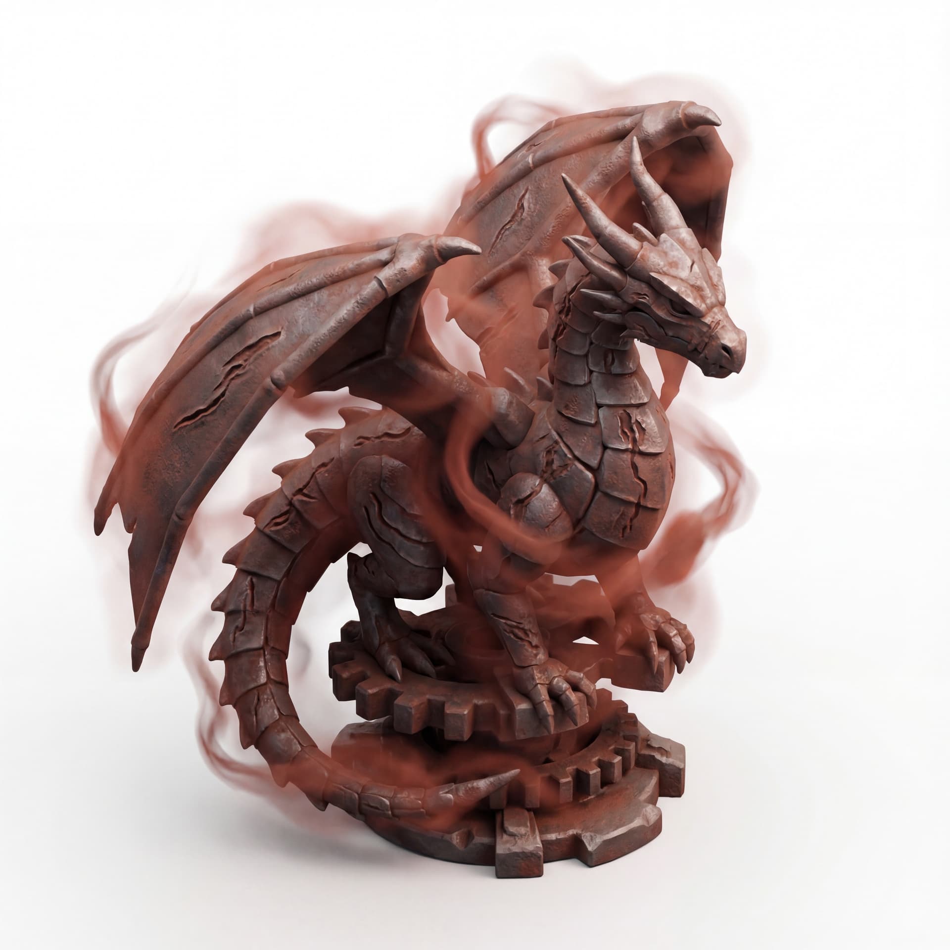 An isometric dragon of corroded iron plates etched with erosion lines engulfed in a rust-red haze symbolizing decay and renewal.