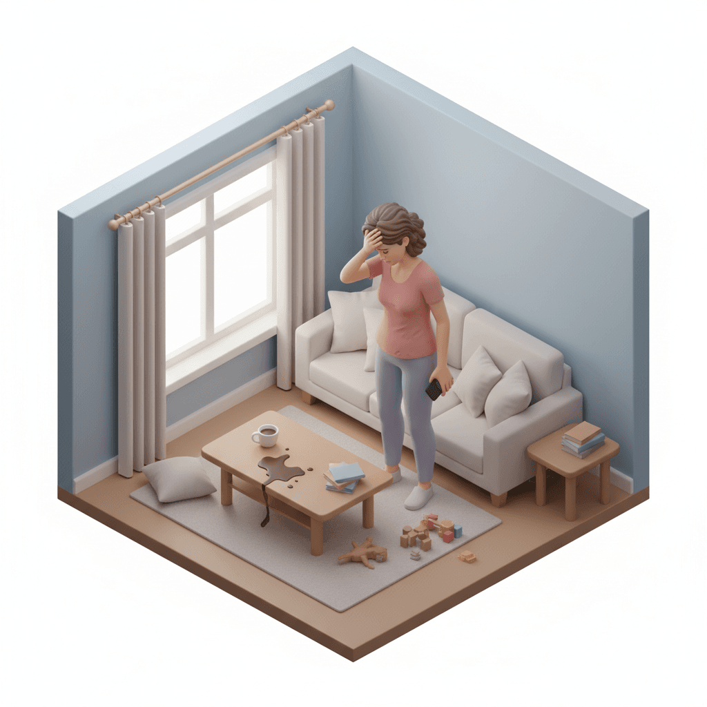 seorang ibu yang pusinggg sedang berdiri di ruang tamu, dengan pose capek menggegam telepon